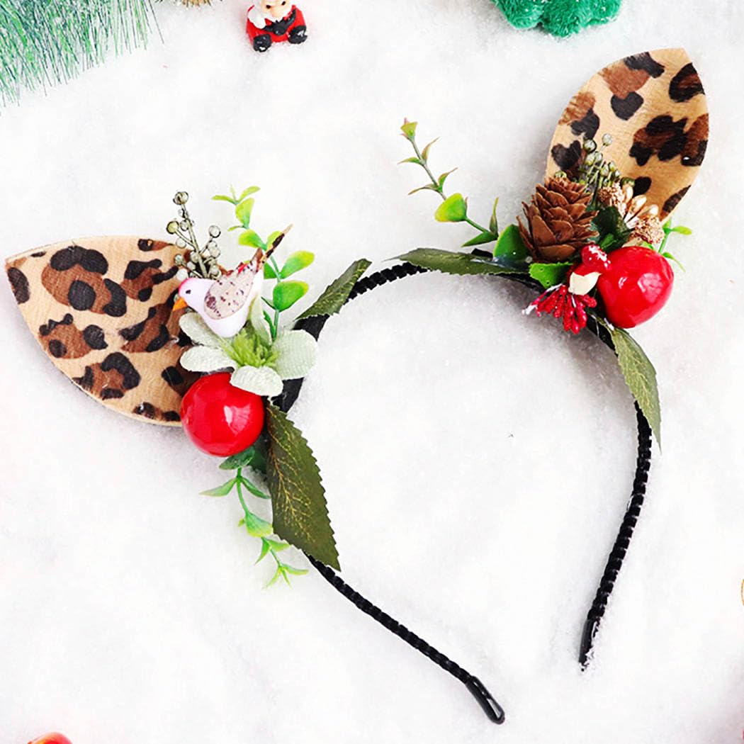 Leopard Print Headbands with Brown Deer Hair Hoop - Reindeer Antlers Hair Accessories for Women | Halloween Costume Party, Christmas Theme Events & Cosplay