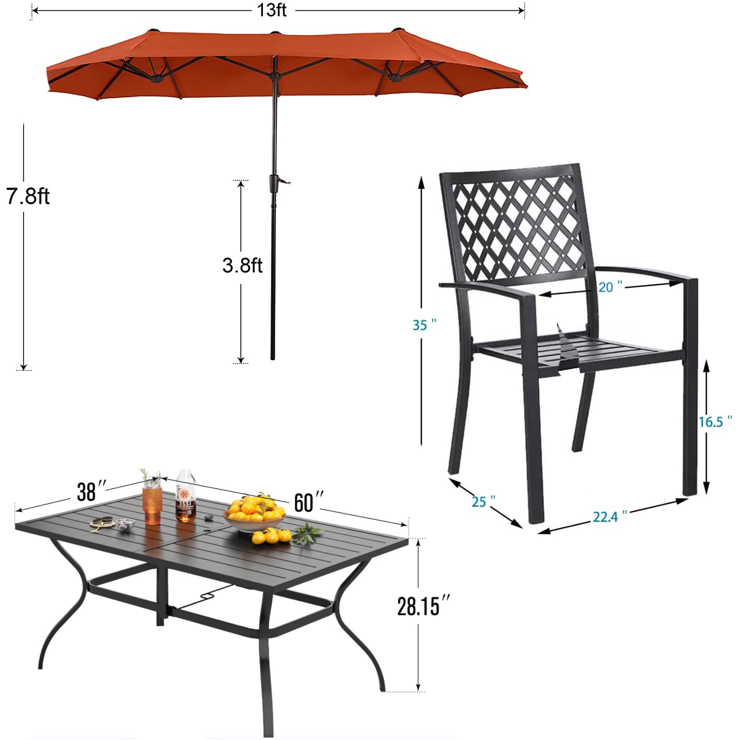 PHI VILLA 8-Piece Outdoor Dining Set with 13ft Double-Sided Patio Umbrella - Metal Patio Furniture Set Includes 6 Stackable Chairs & Rectangle Table - Perfect for Backyard, Garden, Poolside and Outdoor Entertaining