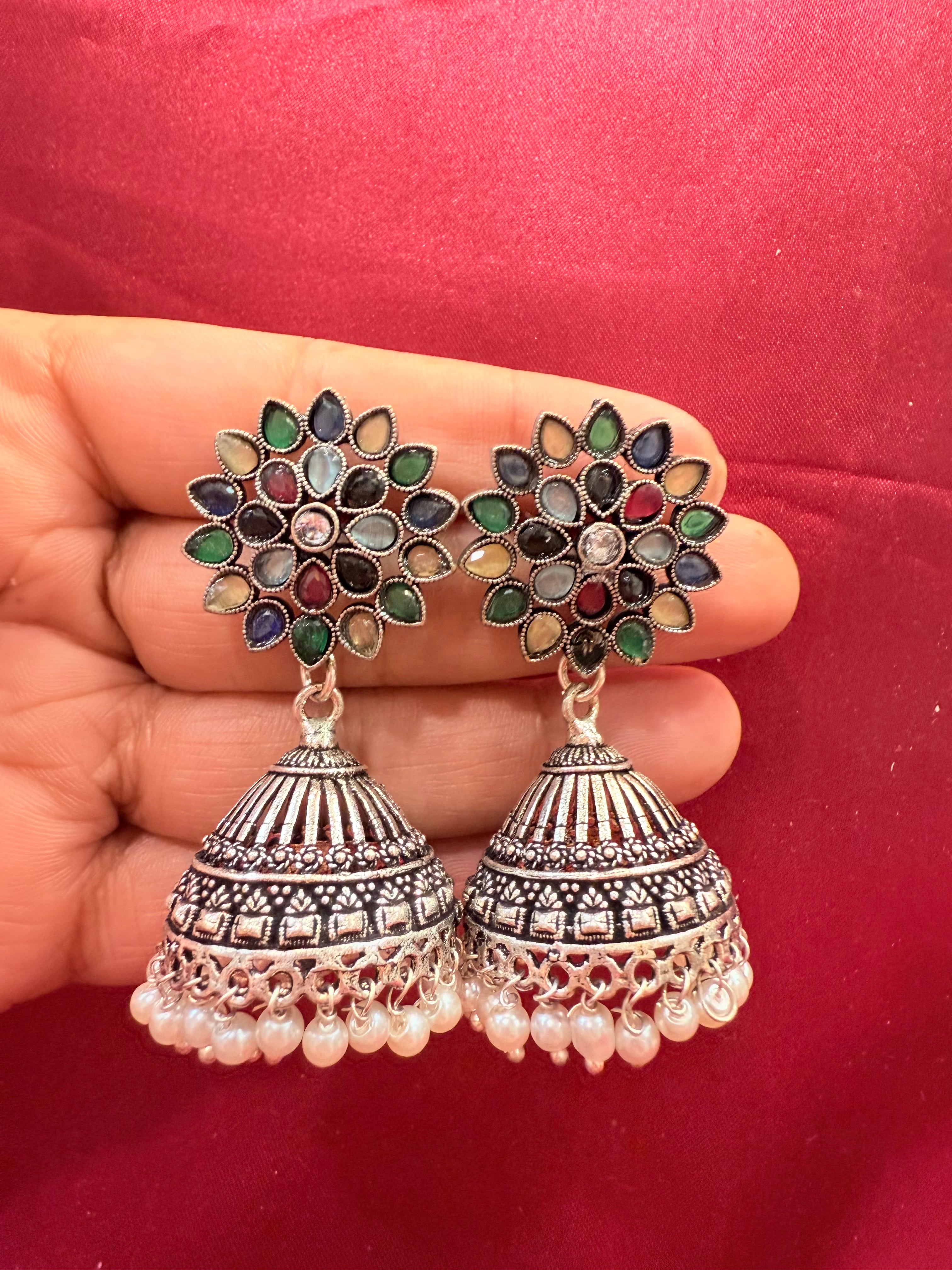 Exquisite Multicolor Pearl Drop Earrings for Women - Oxidized Silver Dangle Earrings - Perfect for Weddings, Parties & Special Occasions
