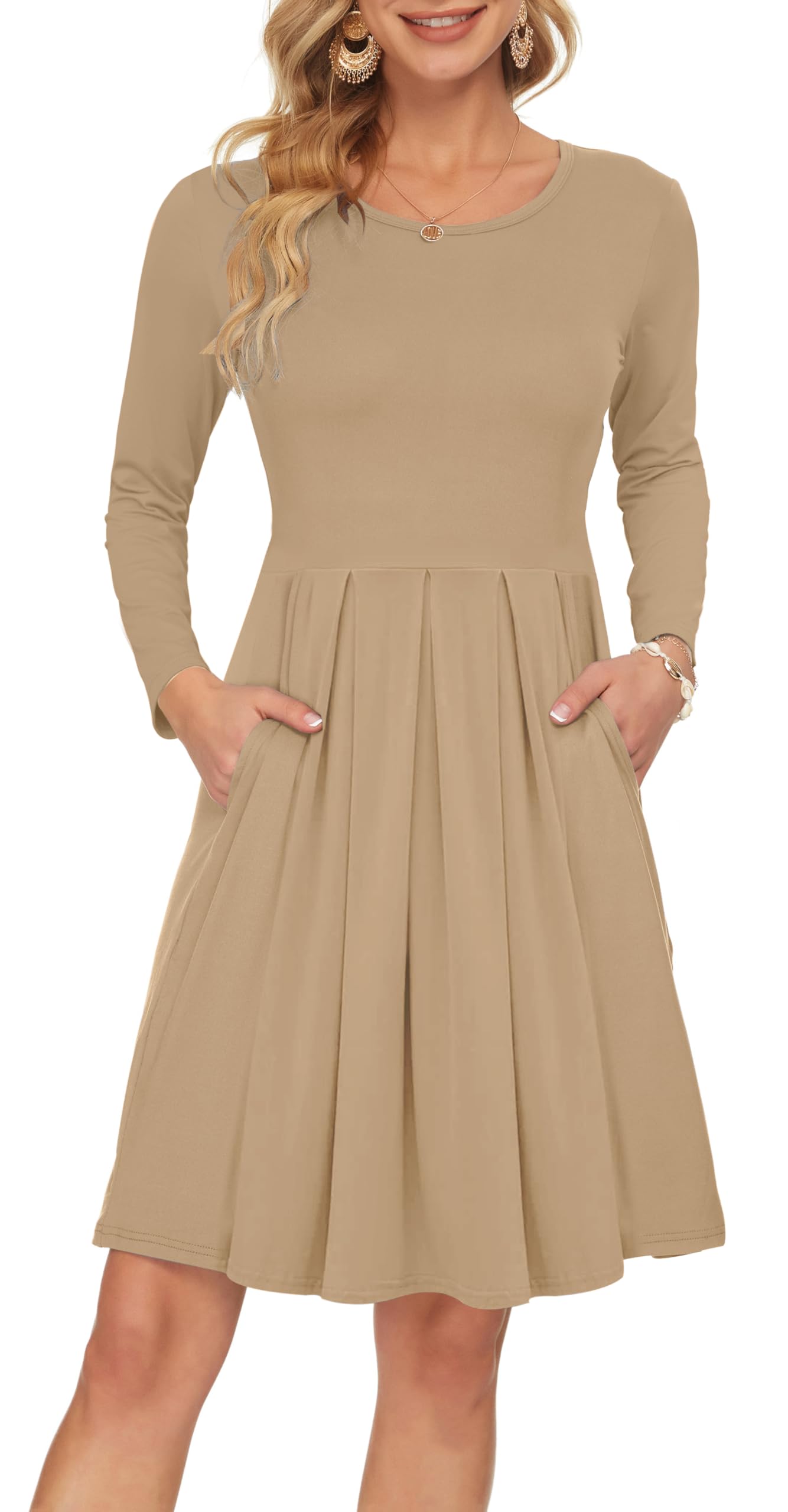 AUSELILY Women's Long Sleeve Pleated Swing Dress - Loose Casual Knee Length Dress with Pockets | 2025 New Arrival | Perfect for Office, Date Night & Fall Outfits