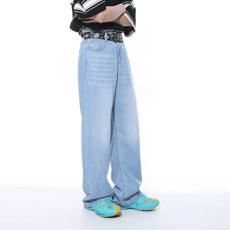 American Style Men's Loose Pocket Zipper Washed Denim Jeans - Casual Straight Wide Leg Trousers for Autumn | Trendy Streetwear & Everyday Comfort (Style 9C5395)