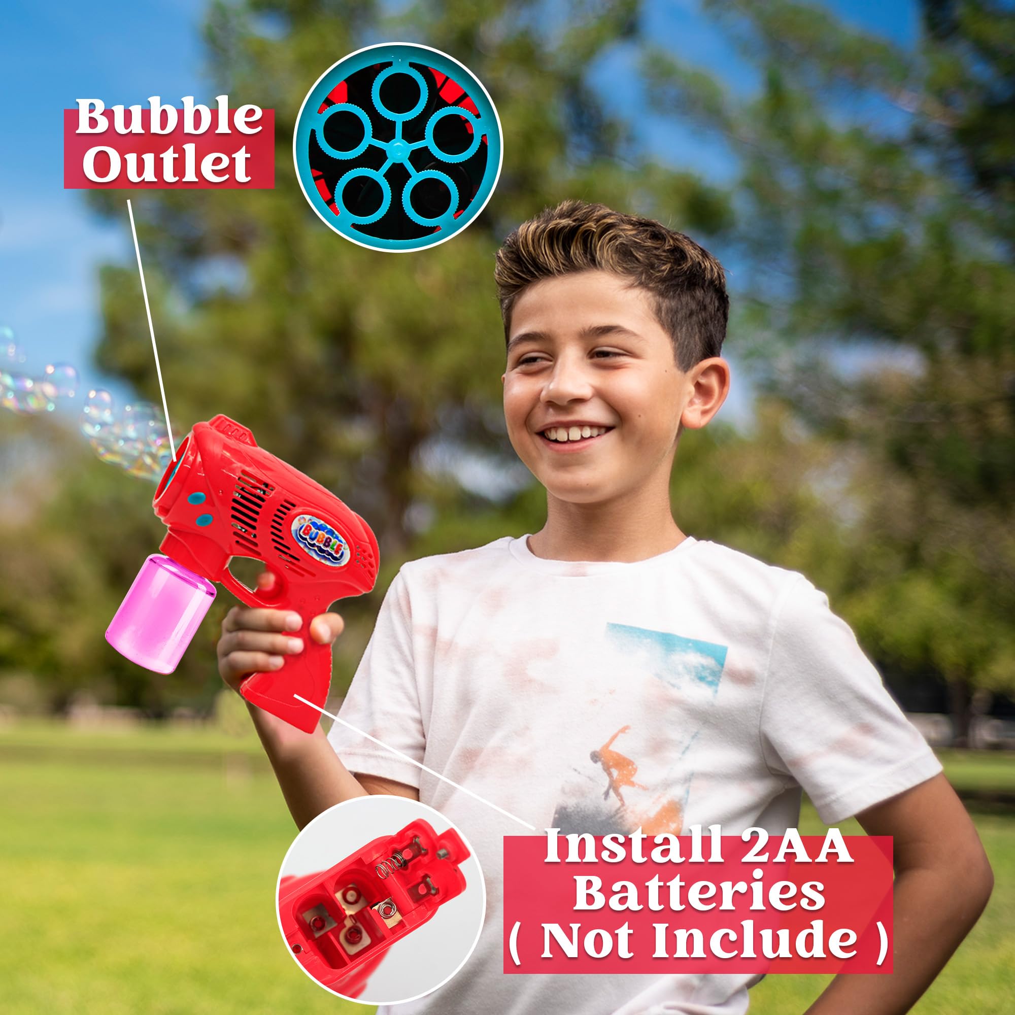 JOYIN 2 Pack Bubble Guns with 2 Refill Solutions (10 oz Total) - Automatic Bubble Blower Machine for Kids, Toddlers - Outdoor Party, Birthday Gift, Easter Basket Stuffers - Fun Summer Backyard, Park, Beach Activities (Blue+Red)