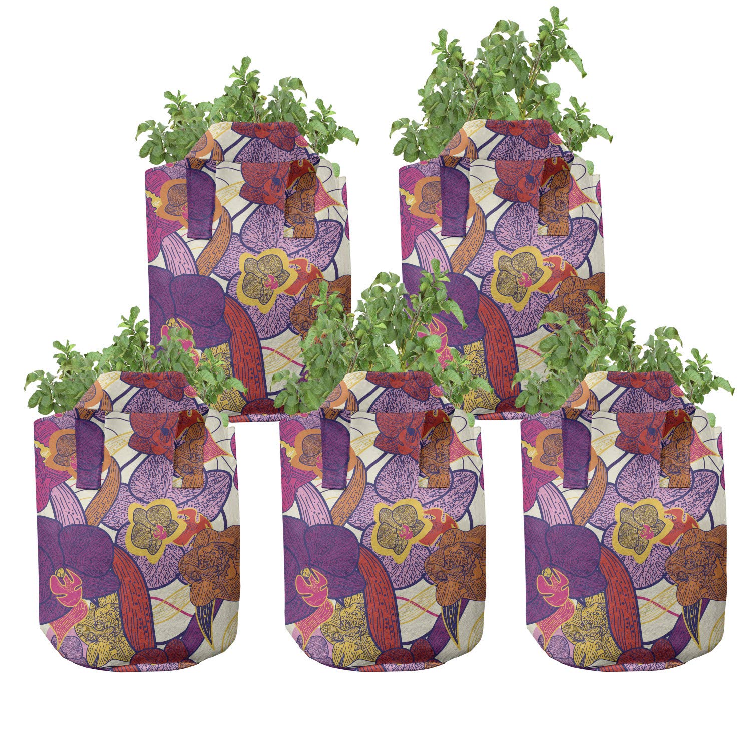 Ambesonne 5-Pack Colorful Grow Bags - Heavy Duty Fabric Plant Pots with Handles, Vibrant Vintage Orchid & Purple Lilac Design - Perfect for Indoor/Outdoor Gardening, Balcony Plants & Vegetable Container Gardening