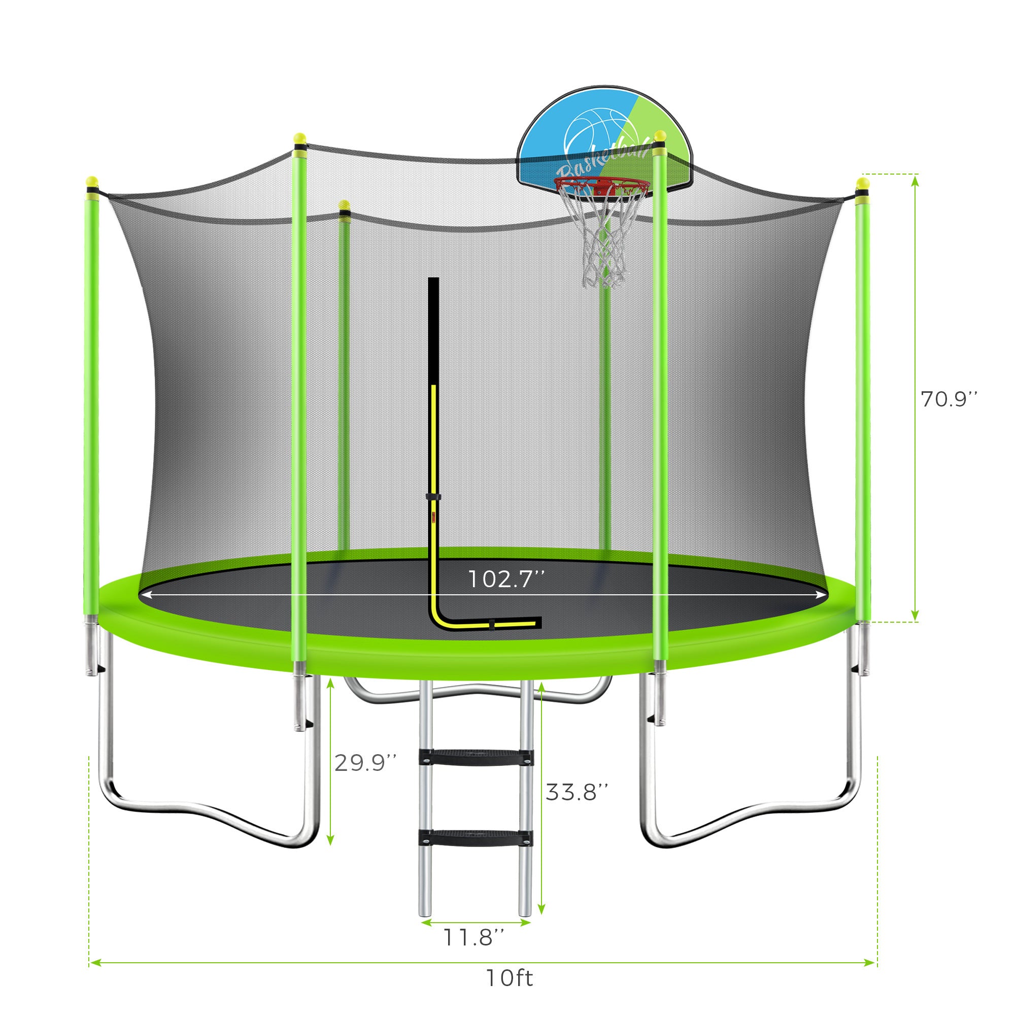 10FT Kids Trampoline with Safety Enclosure Net, Basketball Hoop & Ladder - Easy Assembly Outdoor Round Trampoline for Backyard Fun & Exercise