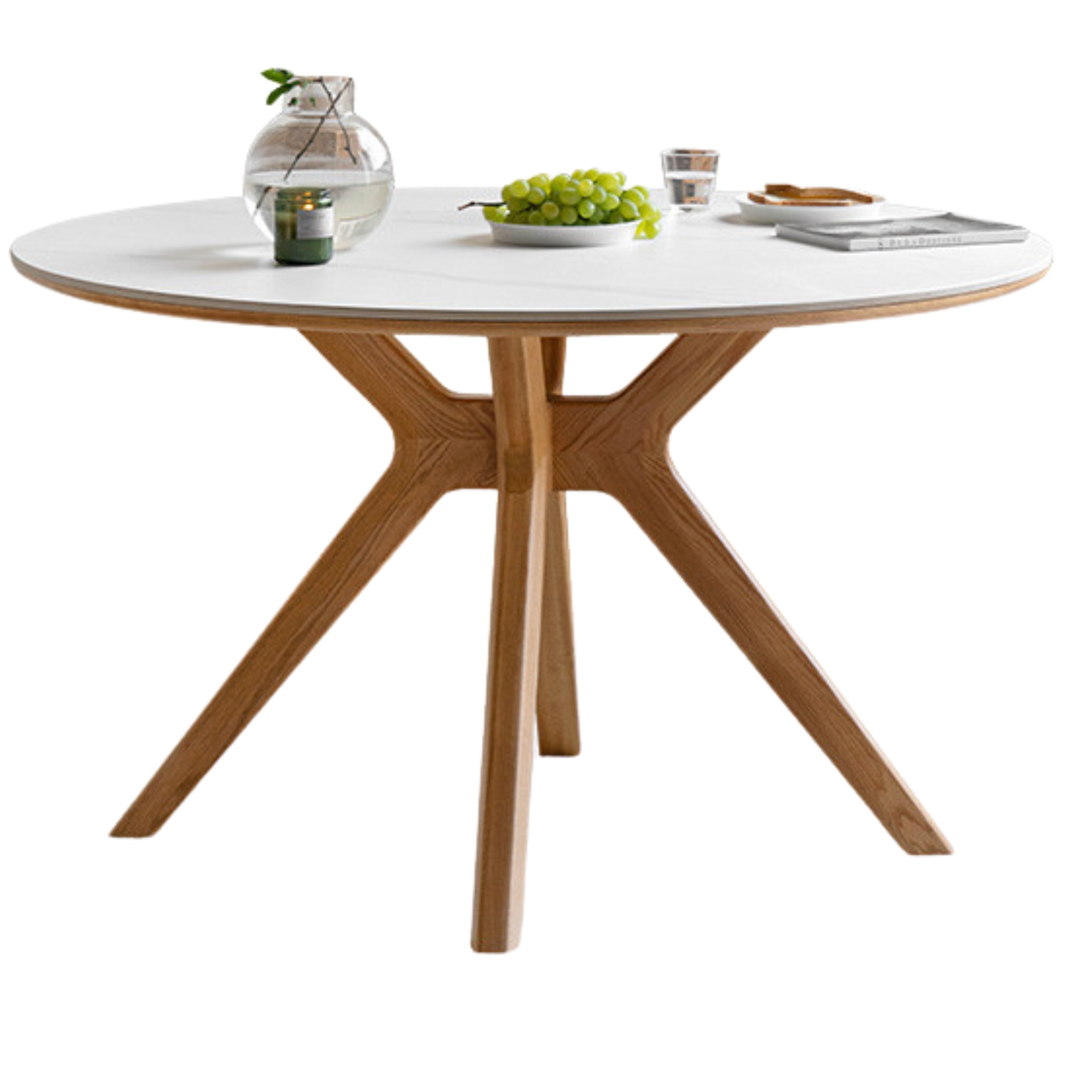Solid Oak Wood Round Nordic Dining Table with Rock Slab Surface - Modern Farmhouse Kitchen & Dining Room Furniture for Family Gatherings
