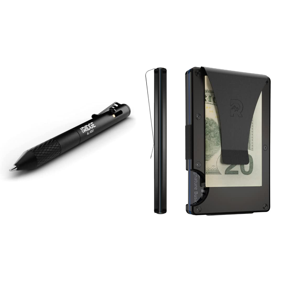 The Ridge Minimalist Slim Wallet for Men with Money Clip - Black RFID Blocking Wallet & Bolt Action Ballpoint Pen with Textured Grip - Aluminum EDC Essentials for Office, Travel and Everyday Carry