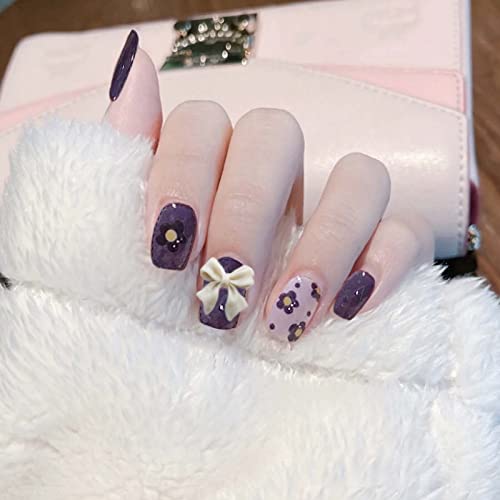 24PCS French Tip Press on Nails Short with Floral Designs - Fake Coffin Nails with Glue Kit - Ballerina False Nails White Full Cover for Women & Girls (Purple Flower & Bow) - Perfect for Parties, Weddings & Daily Wear
