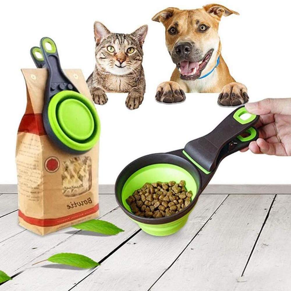 Buyter 3-in-1 TPE Pet Food Scoop with Folding Handle, Grain Bag Holder & Measuring Cup - Medium Size, Green - Perfect for Dog Food, Cat Food & Dry Pet Treats Storage