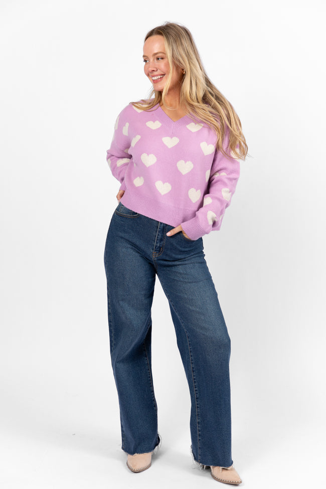 By The Book Lilac Hearts V Neck Sweater for Women - Cozy Knit Pullover Perfect for Date Night, Office Wear & Casual Outfits (Final Sale)
