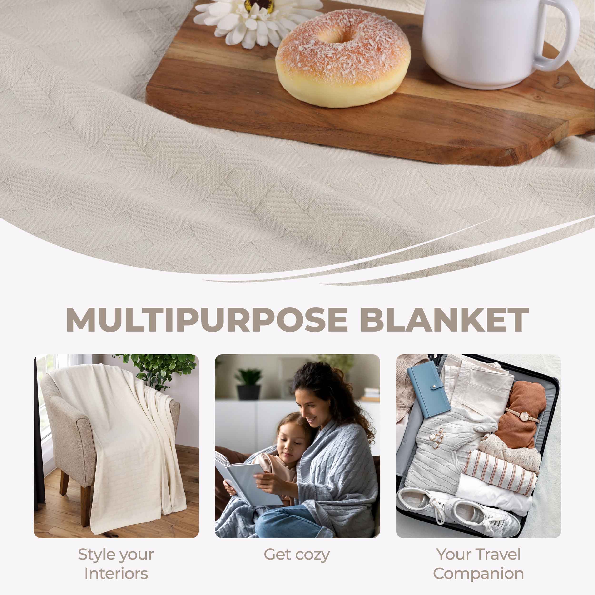 Soft Basketweave All-Season Cotton Bed Blanket & Sofa Throw - Lightweight Breathable Blanket for Bedroom, Living Room, Travel and Outdoor Use
