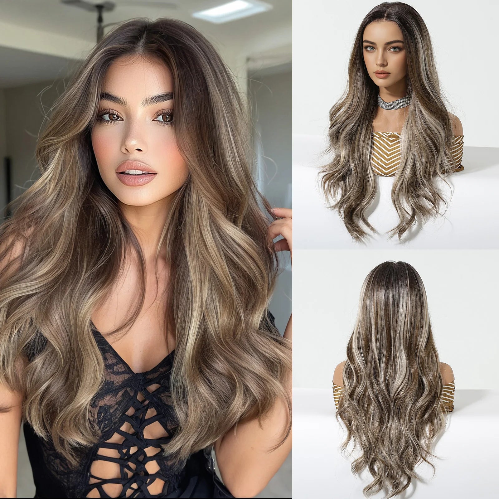 Long Brown Blonde Highlight Synthetic Hair Wig for Women - Natural Looking Straight Shoulder Length Cosplay Costume Party Daily Wear