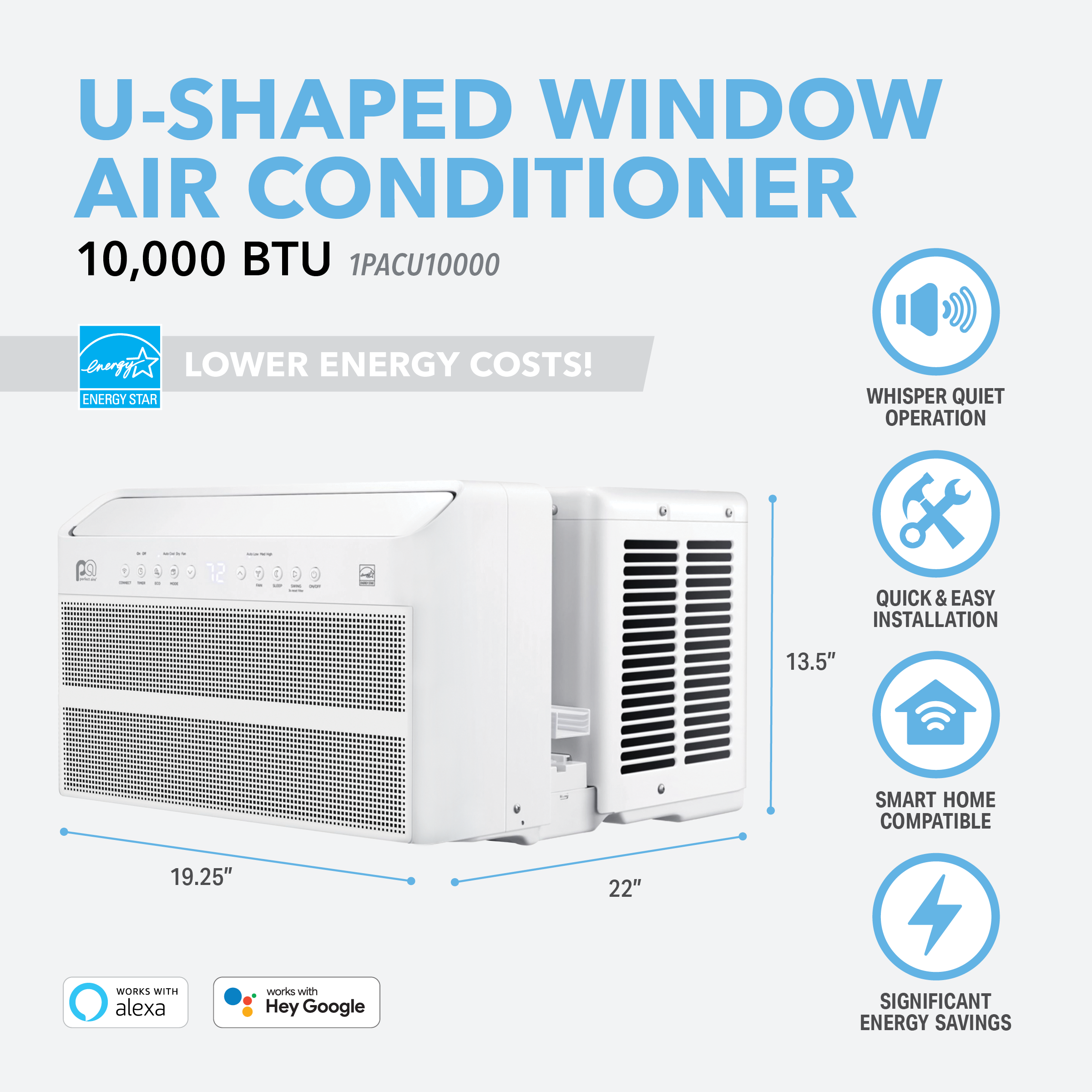 10,000 BTU 115V Energy Star U-Shaped Inverter Window AC Unit with WiFi Smart Control - Perfect for Bedrooms, Living Rooms & Home Offices