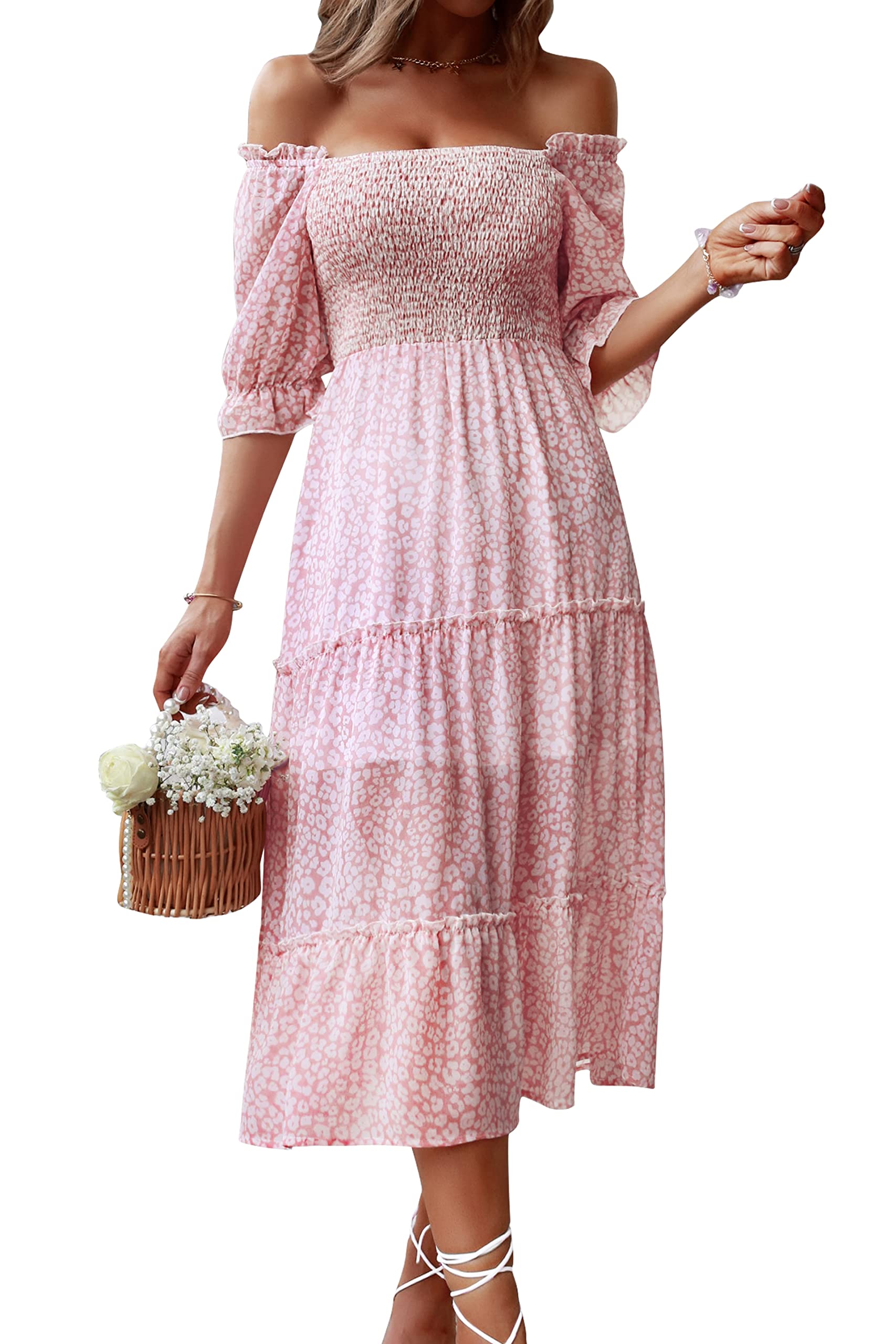 Vintage Floral Chiffon Midi Dress for Women - Square Neck, Half Sleeve, Ruffled Elastic Bust Summer Dress | Perfect for Beach Vacations, Garden Parties & Date Nights