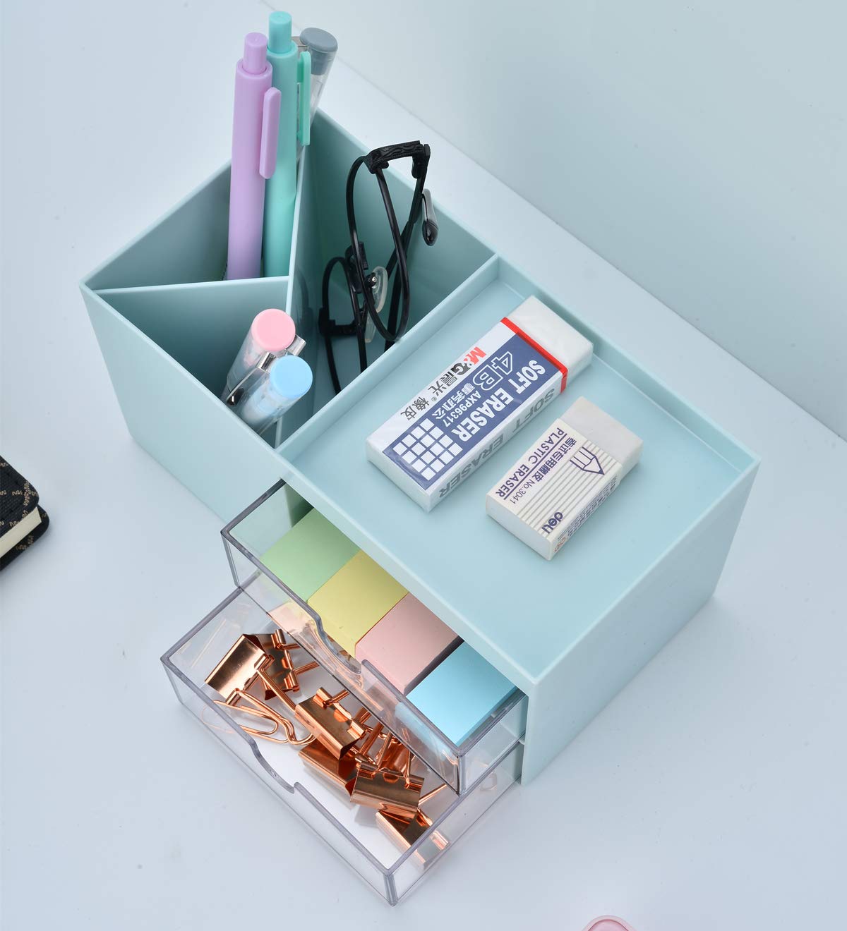 Citmage 5-Compartment Desk Organizer - Plastic Office Workspace Caddy for Pencils, Pens, Markers & Erasers - Blue Desktop Storage Box for School, Office & Home Organization