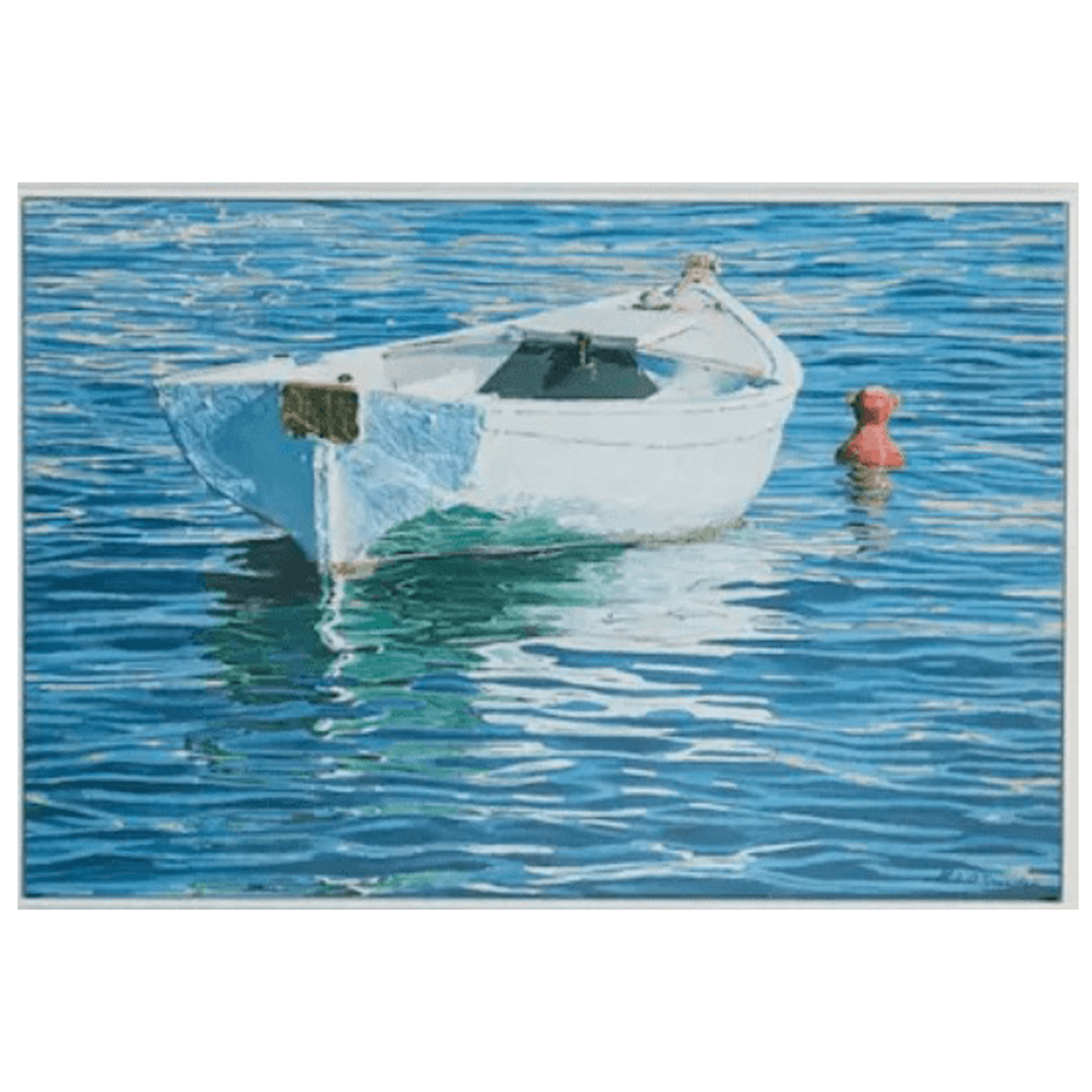 White Row Boat with Red Buoy Giclee Print - Nautical Wall Art Decor for Living Room, Bedroom or Office