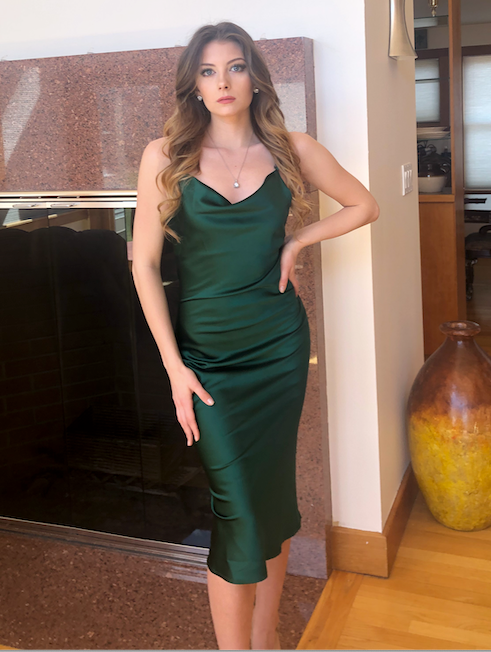 Aspen Midi Dress - Emerald Green Satin Slip Dress for Women | Perfect for Cocktail Parties, Date Nights & Special Occasions