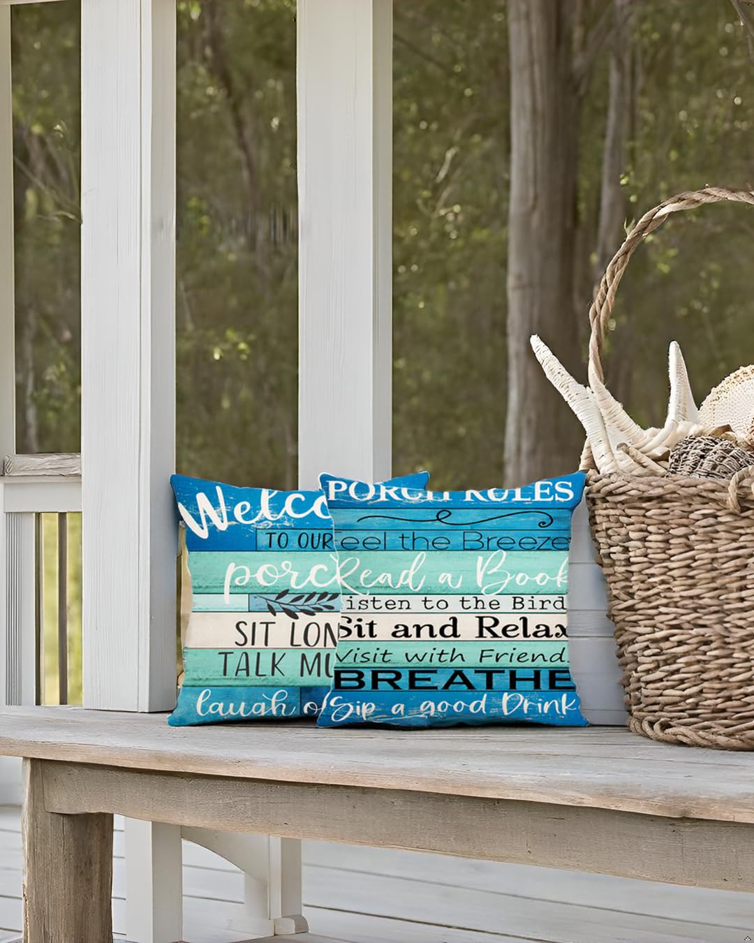 Waterproof Outdoor Pillow Covers 18x18 Inch - Turquoise Blue & Beige Woodgrain Design for Patio Furniture, Coastal Farmhouse Decor (Set of 2) | Perfect for Porch, Garden, Poolside & Outdoor Living Spaces