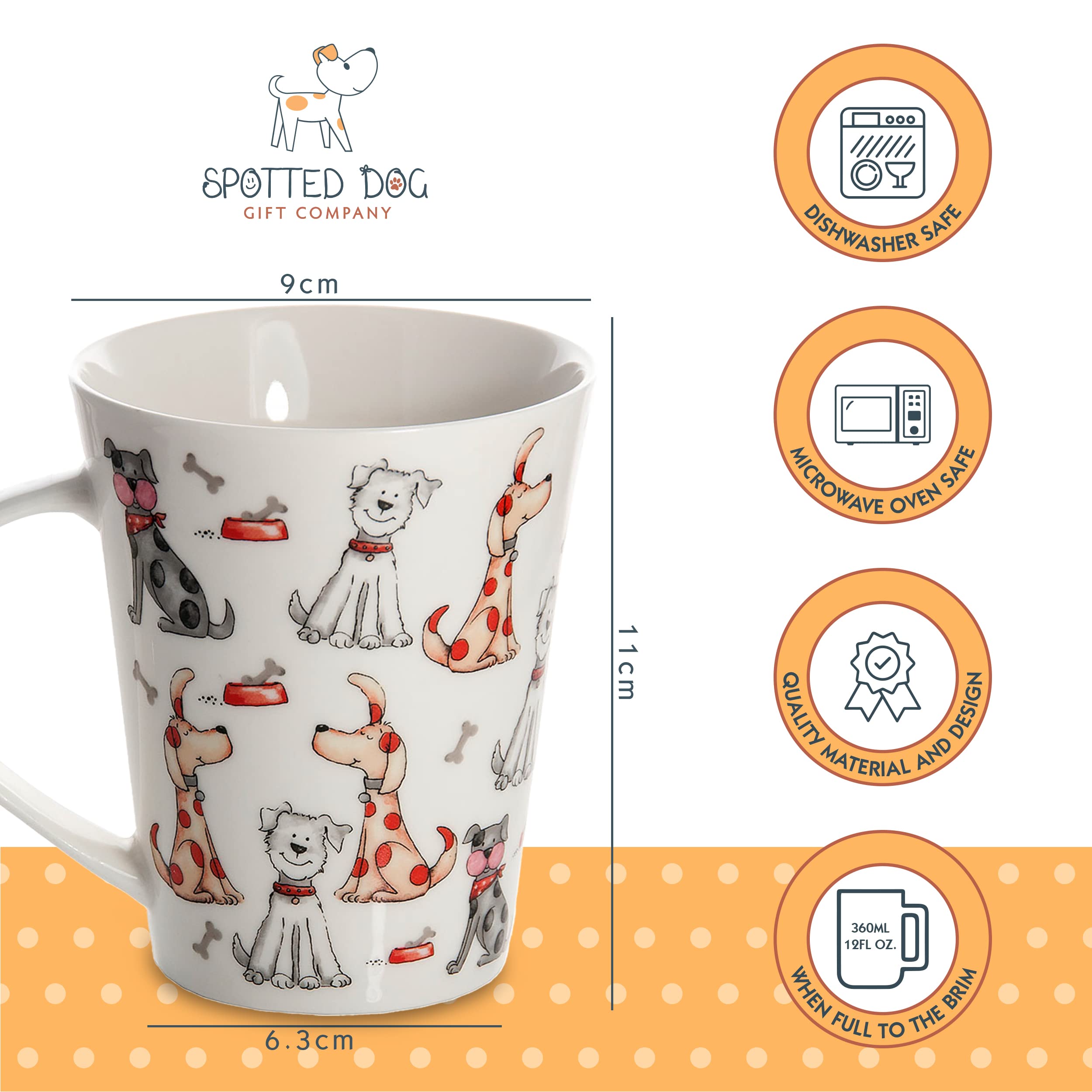Spotted Dog Themed 12oz Ceramic Coffee Mug Set - 4 Cute Dog Lovers Gift Mugs for Tea & Coffee - Perfect for Dog Owners, Animal Lovers, Women & Men - Ideal for Home, Office, or Gift Giving