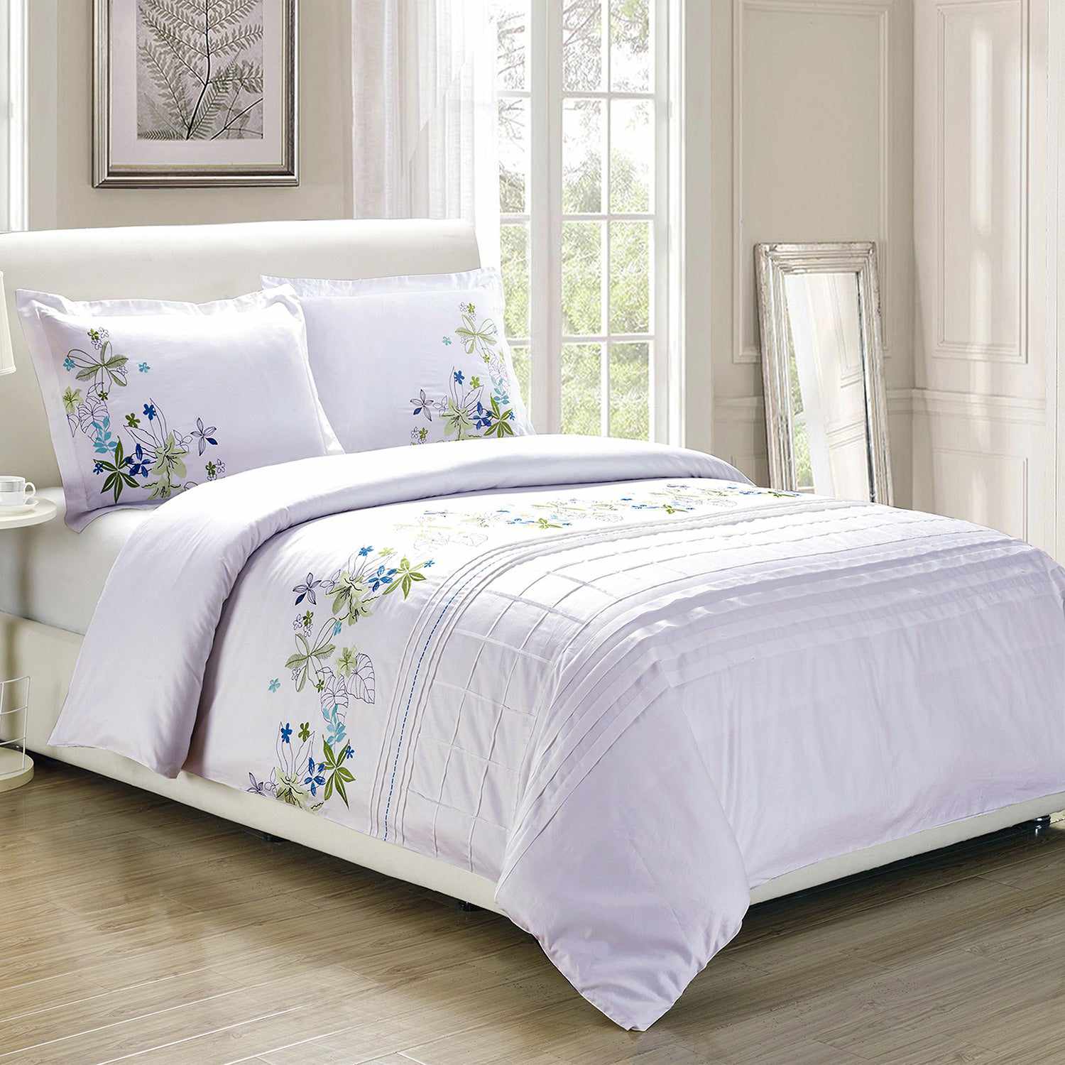 Spring Blooms Cotton Embroidered Floral 3-Piece Duvet Cover Set - Queen Size Bedding for Spring & Summer Decor | Soft Breathable Comforter Cover with Pillow Shams