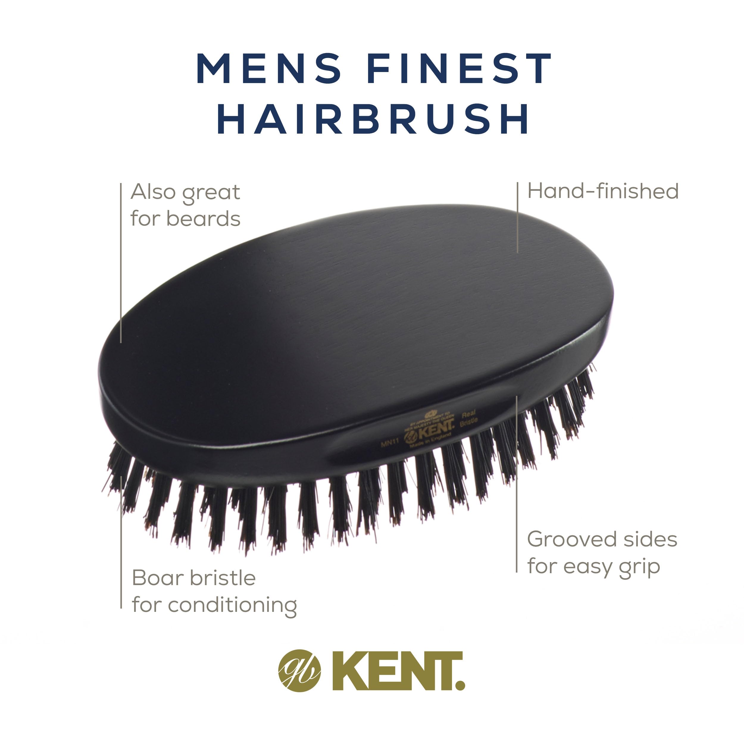 Kent MN11 Premium Men's Hair & Beard Brush - Natural Black Boar Bristle for Grooming, Scalp Massage & 360 Waves - Perfect for Daily Styling & Beard Care at Home or Travel