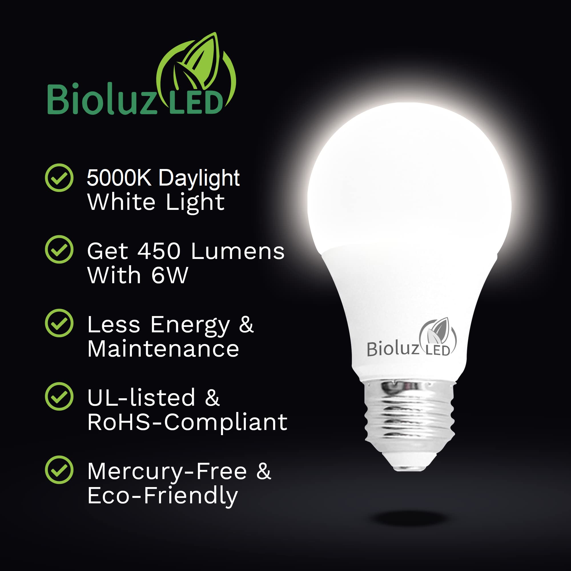 Bioluz LED A19 Light Bulbs 6W (40W Equivalent) 5000K Daylight White - Non-Dimmable, Energy Efficient, Long Lasting LED Bulbs for Bedroom, Living Room, Office - 12 Pack