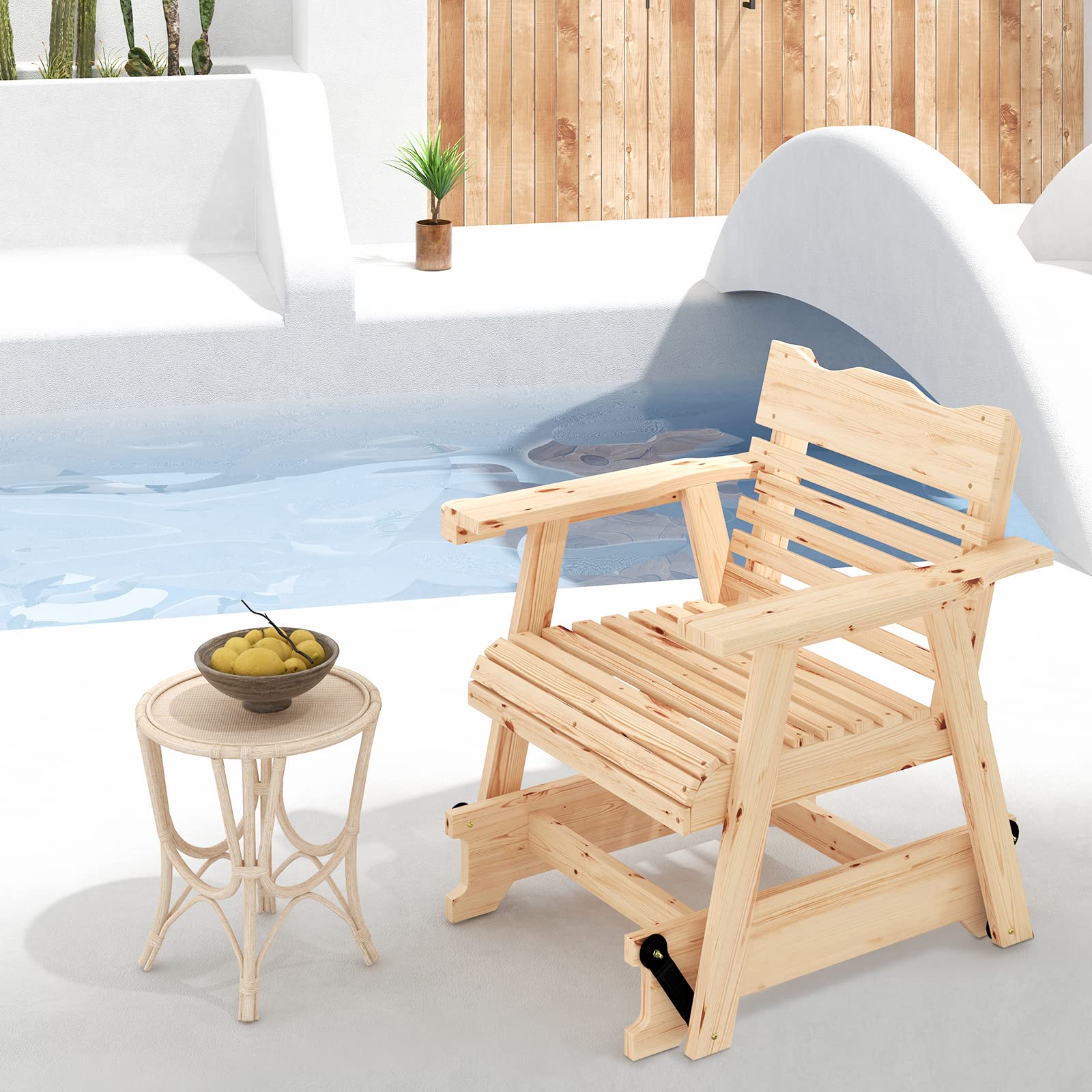 Giantex Outdoor Glider Rocking Chair Set of 2 - High Back Wooden Porch Swing with Wide Armrests, Curved Seat & Rotating Cup Holder - Perfect for Patio, Garden, Balcony, Poolside Relaxation (Natural Finish) - Ideal for Lounging, Reading, and Enjoying Outdoor Breezes