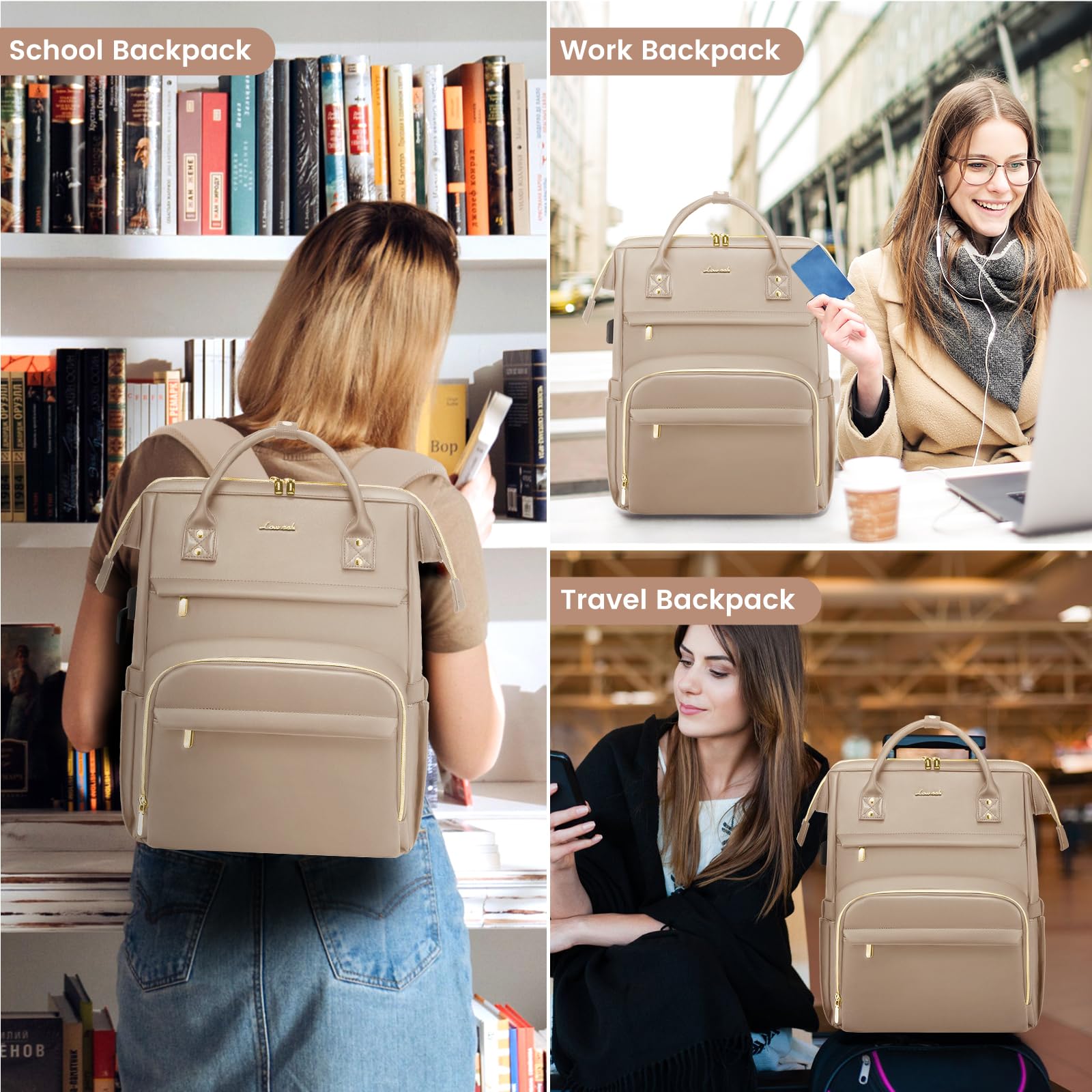 LOVEVOOK Leather Laptop Backpack for Women 15.6 Inch, Stylish Travel Backpack Purse for Nurse Teacher & Professionals, Durable College Business Work Bag with USB Port, Sandy - Perfect for Commuting, Campus, and Office Use
