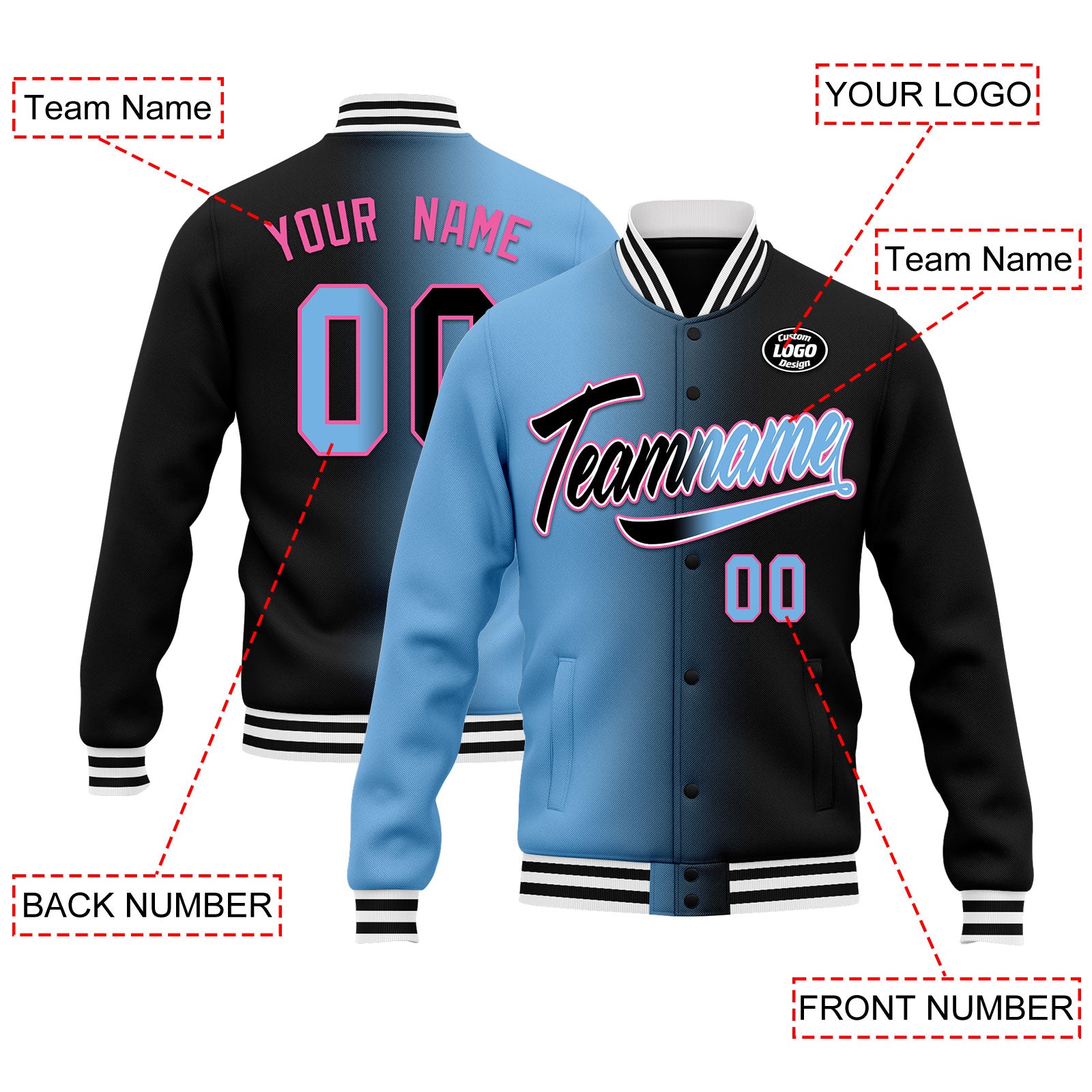 Custom Gradient Fashion Bomber Jacket - Personalized Varsity Letterman Jacket with Full Snap Closure (FZ005 D028016 27) - Perfect for School Events, Sports Games & Streetwear Fashion