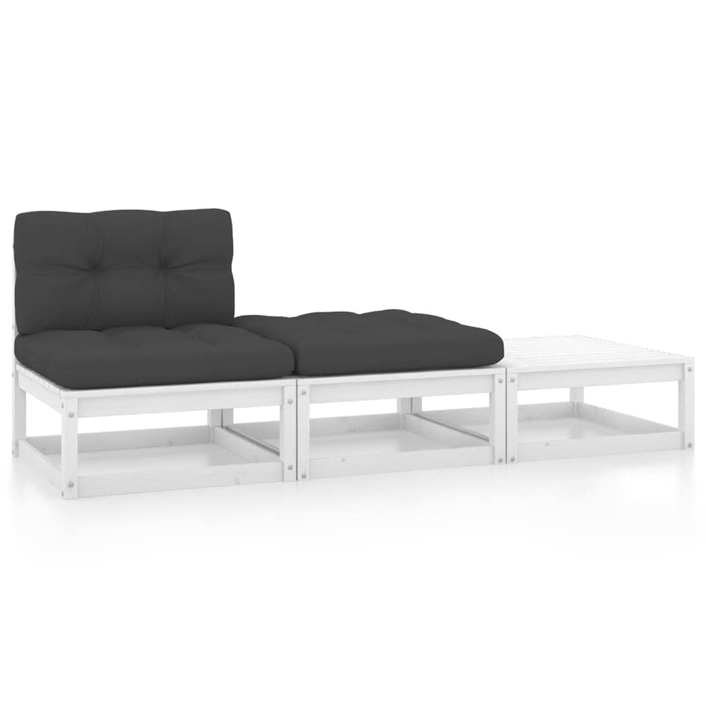 3-Piece Outdoor Patio Conversation Set - Reclining Lounge Chairs with Cushions, Sectional Sofa & Ottoman, Pinewood Tea Table - White & Black - Perfect for Backyard, Garden, Poolside Relaxation