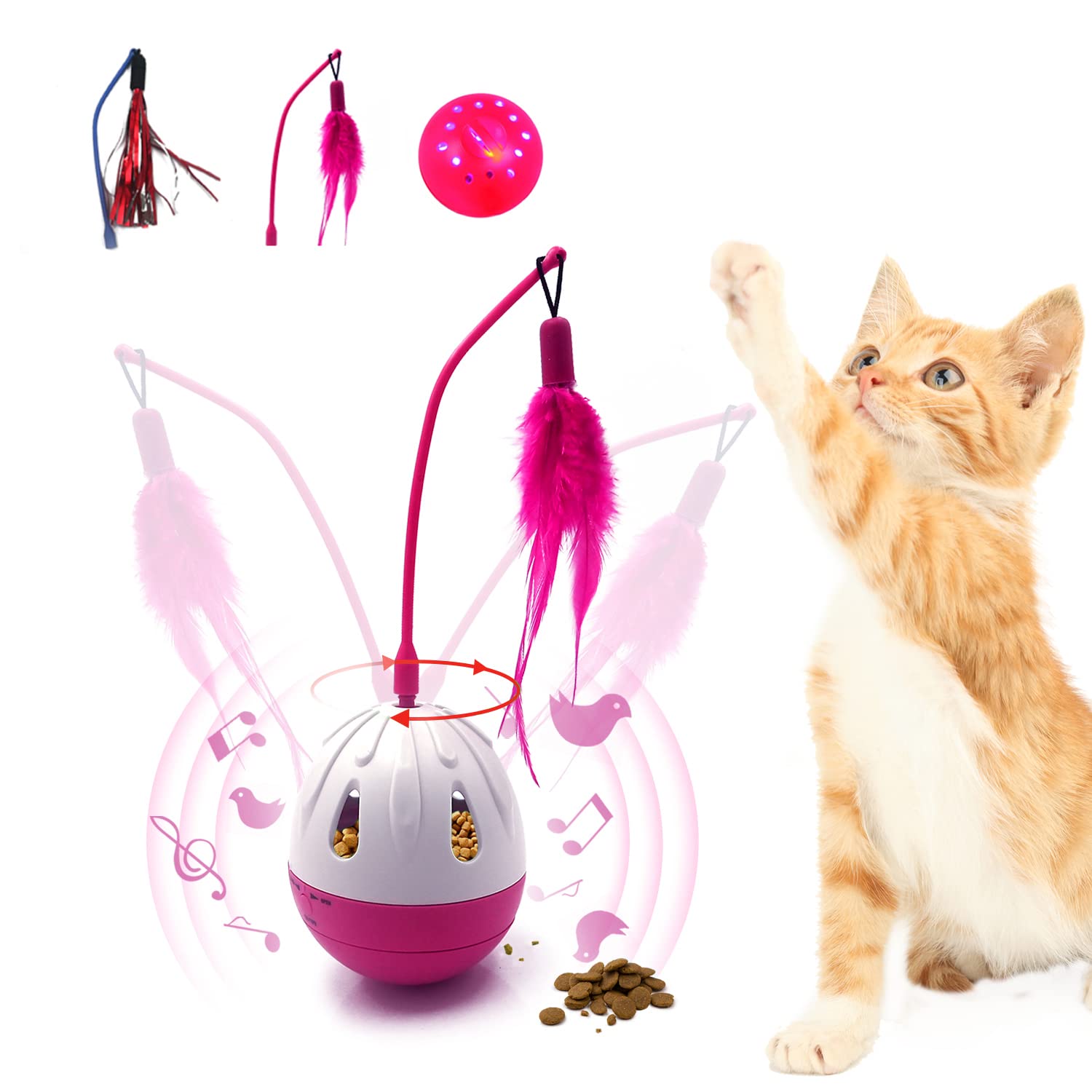 Interactive Cat Feather Toy with Bird Sound & LED Ball - Automatic 360° Rolling Kitten Toy for Indoor Cats - Includes 2 Replacement Feathers & Batteries - Perfect for Exercise, Play & Bonding with Your Pet