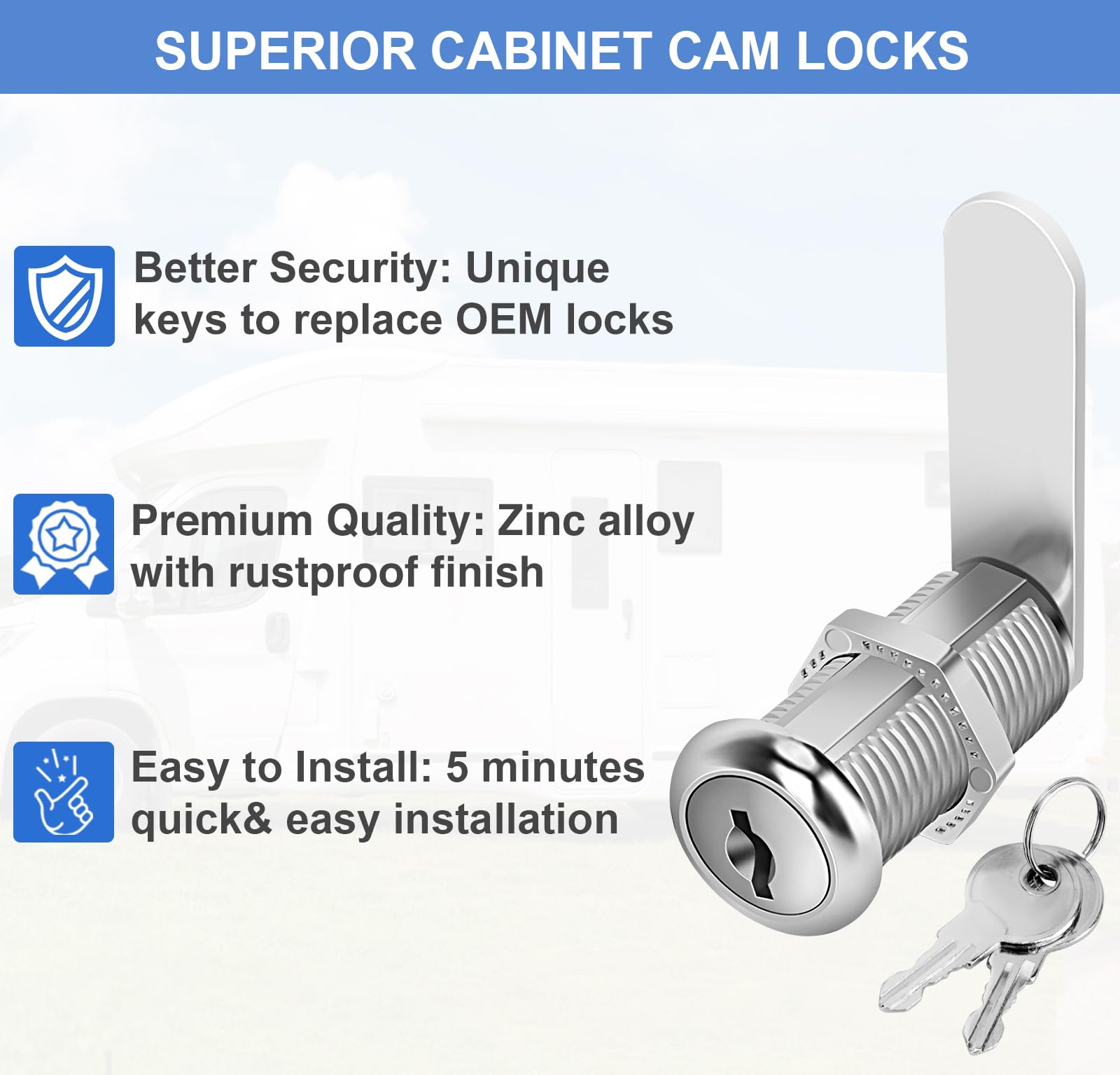 6 Pack 1-1/2 Inch Cabinet Locks with Keys - Keyed Alike Zinc Alloy Cam Locks for Cabinets, RV Storage, Tool Box & Thick Drawers - Secure Your Valuables at Home, Office or On The Road