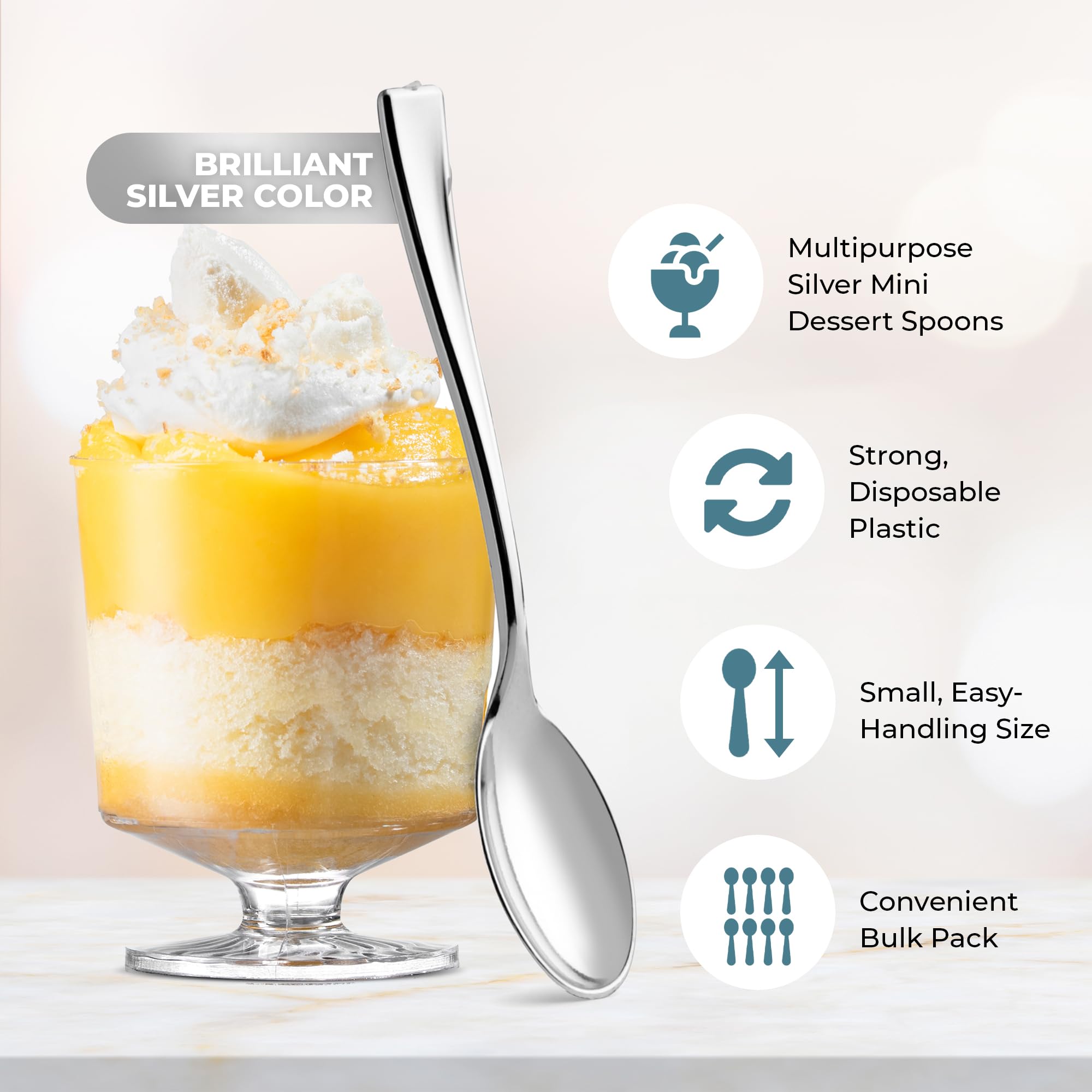 Elegant 4-Inch Disposable Plastic Mini Spoons - Silver Dessert Spoons for Appetizers, Ice Cream, Tasting Samples, Party Favors (36 Pack) - Perfect for Catering, Weddings, and Cocktail Events