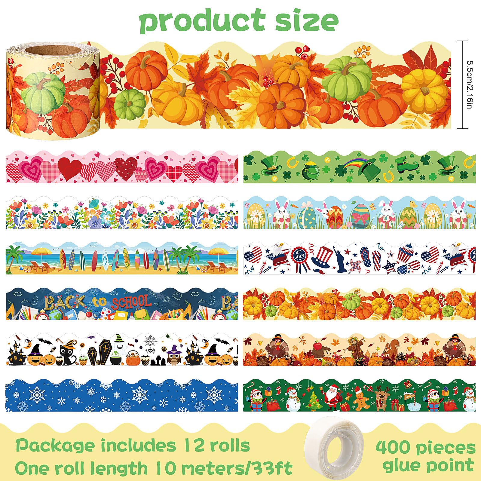Geyee 12 Rolls 394ft Seasonal Bulletin Board Borders - Spring, Easter, Summer Classroom Decorations for School Walls & Party Decor | Holiday, Back to School & Teacher Supplies