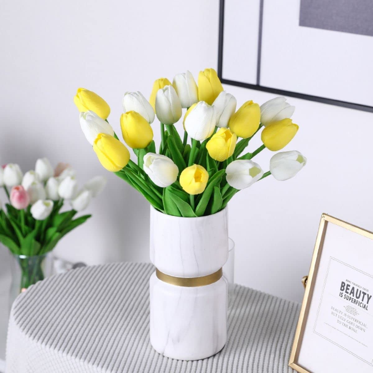 30 Pcs Real Touch Artificial Tulip Flowers - Faux Latex Tulip Stems for Wedding, Party & Home Decor - Vibrant Yellow Fake Flowers for Centerpieces, Bouquets, and Seasonal Home Decoration