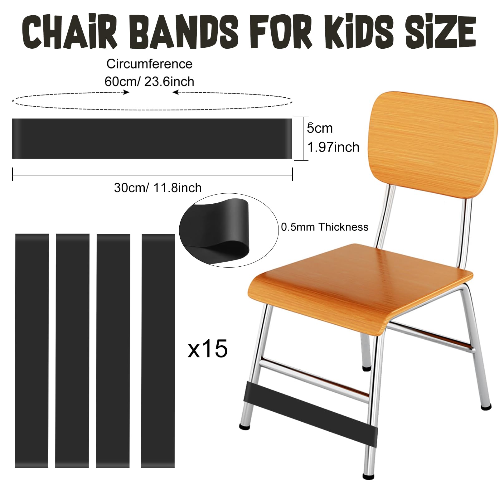 PLULON 15 Pack Chair Bands for Kids - Stretchable Fidget Bands for Classroom Chairs & Desks, Sensory Tool for ADHD, ADD, Autism - Black - Improve Focus & Reduce Anxiety in School & Home Learning