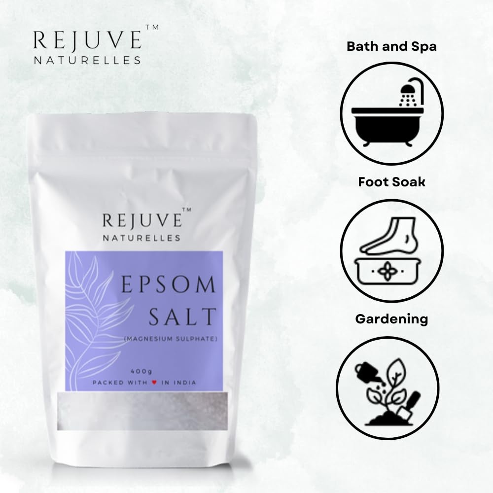 Rejuve Naturelles Premium Epsom Salt 400g - 100% Pure Magnesium Sulfate Crystals for Muscle & Foot Pain Relief, Plant Growth & Detox | Relaxing Bath Soak, Gardening Supplement & Natural Remedy