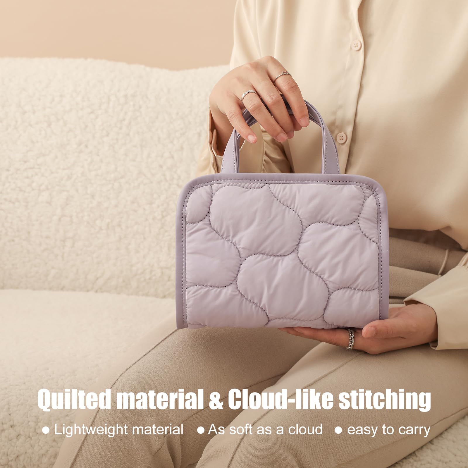 Travel Makeup Bag for Women & Girls - Removable Cosmetic Organizer with Brush Compartment | Portable Puffy Toiletry Case with Clear Windows & Handle (Lavender) | Perfect for Air Travel, Gym, Beach & Daily Use