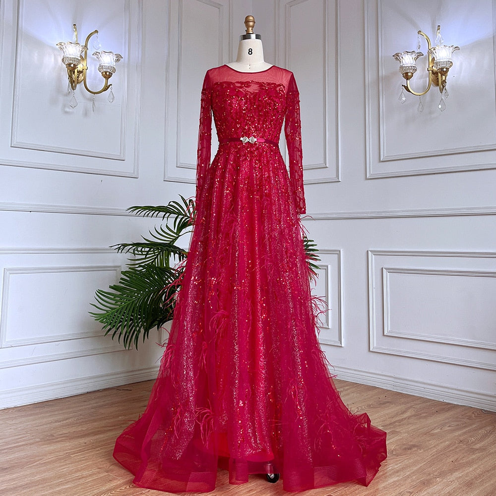 Luxury Muslim Gold A-Line Lace Beaded Feather Evening Dress for Women - Arabic Wedding Gown & Party Formal Wear 2025 | Elegant Islamic Occasion & Special Event Attire