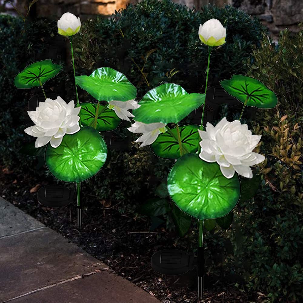 Solar Powered Lotus Flower Garden Lights - 2 Pack Waterproof Outdoor Solar Stake Lights for Yard, Patio, Lawn & Pathway Decoration | Landscape Lighting for Evening Ambience & Garden Parties (White)