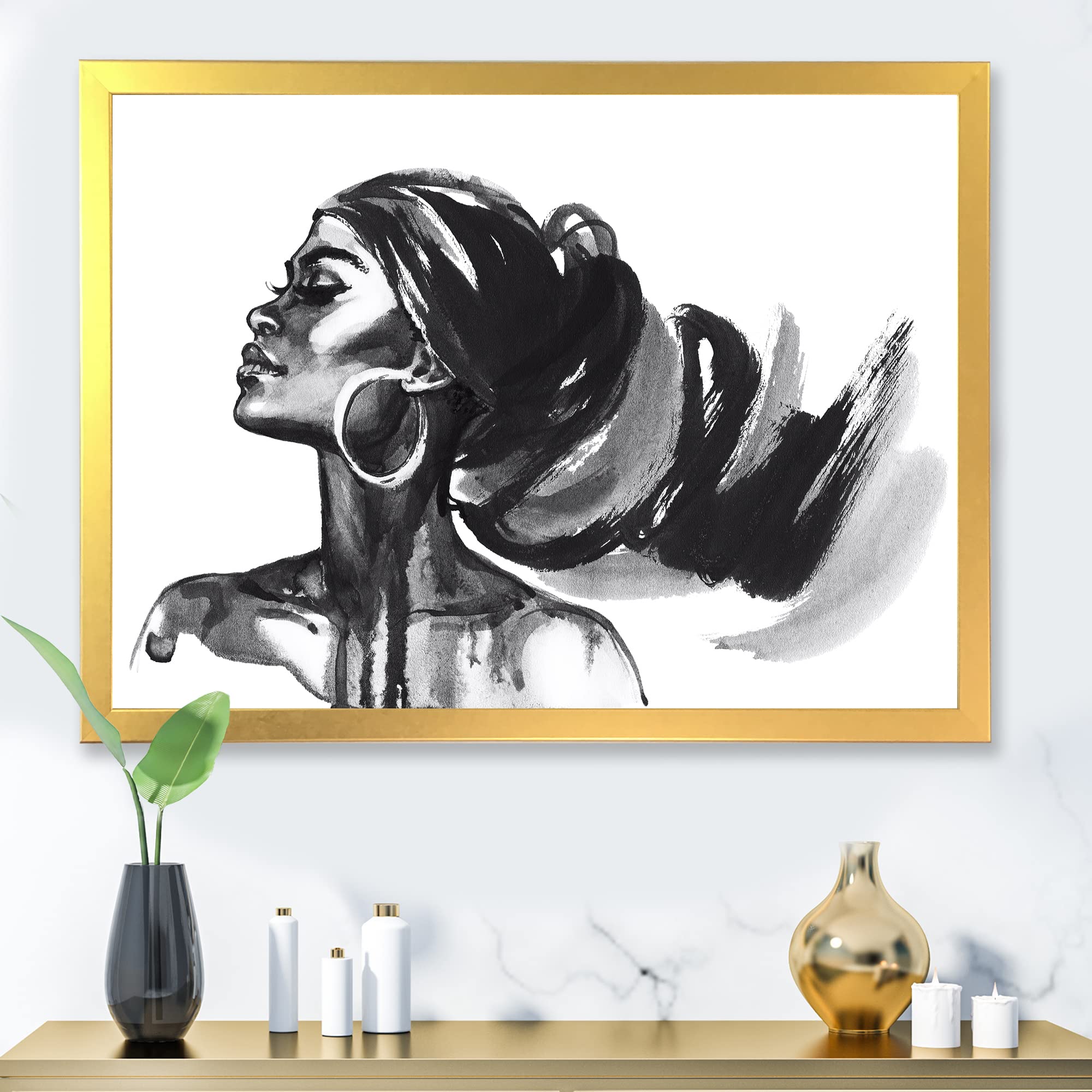 DesignQ Black and White Portrait of African American Woman - Modern Framed Wall Art Decor for Living Room, Bedroom & Office