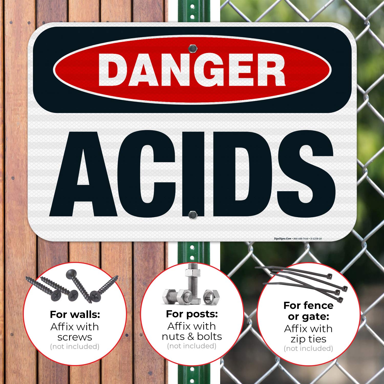 Danger Acids Sign - OSHA Approved 12x18 Inches, 3M EGP Reflective Aluminum, Fade Resistant for Indoor/Outdoor Use | Made in USA | Workplace Safety & Hazard Warning Sign