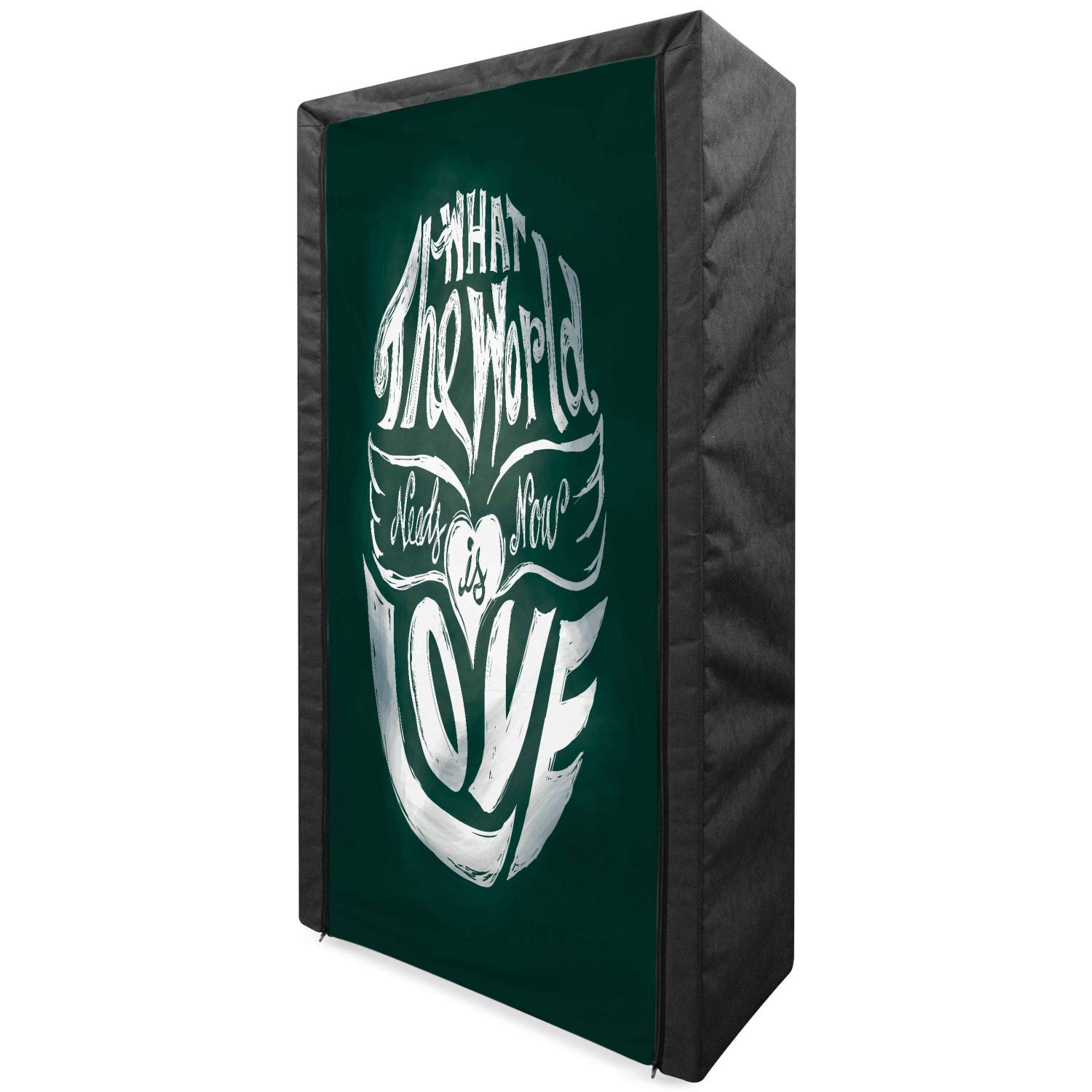 Ambesonne Hippie Portable Fabric Wardrobe - Love Lettering Art Circle Grunge Typography Clothing Organizer with Shelves, 33.5 Inch, Dark Green & White | Perfect for Bedroom Closet Storage, Dorm Room Organization & Small Space Living