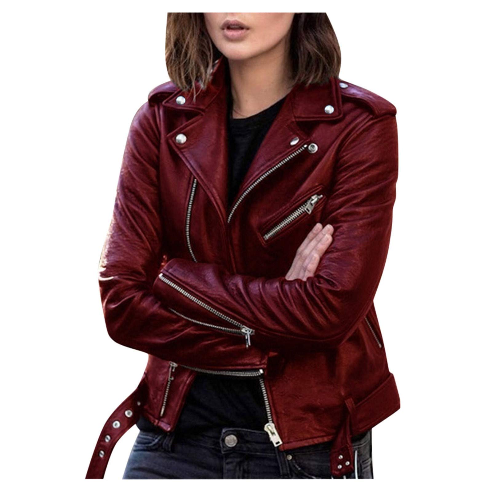 Women's Stylish Faux Leather Jacket - Long Sleeve Zippered Fitted Coat for Fall | Casual T-Shirt Layering Piece | Perfect for Date Nights & Streetwear Fashion