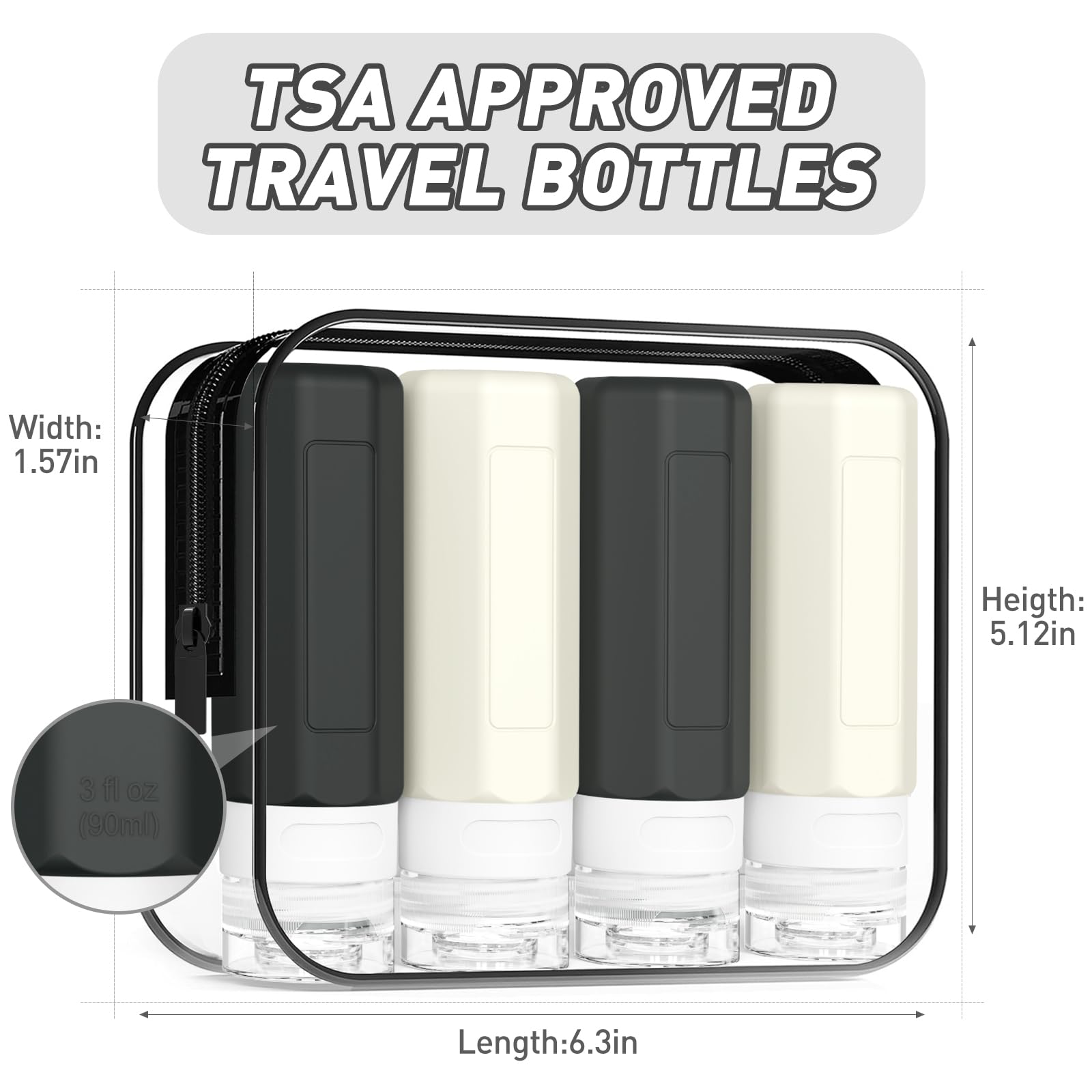 Redfly 3oz TSA Approved Travel Bottles for Toiletries - BPA Free Leak Proof Silicone Containers for Shampoo & Conditioner (Black & White) - Perfect for Air Travel, Gym & Vacation Essentials