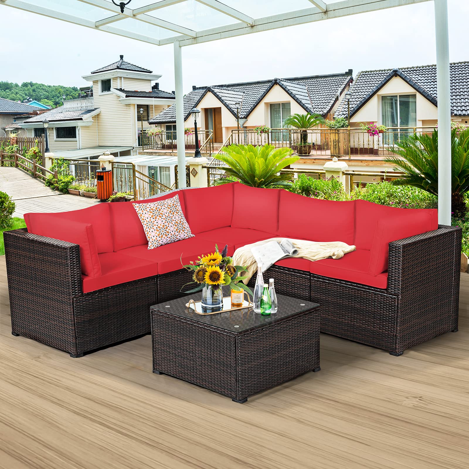 Tangkula 6-Piece Outdoor Patio Furniture Set - Rattan Wicker Sofa Sectional with Tempered Glass Coffee Table & Cushions - Red Conversation Set for Backyard, Garden, Balcony, Poolside - Perfect for Relaxing, Entertaining & Outdoor Gatherings