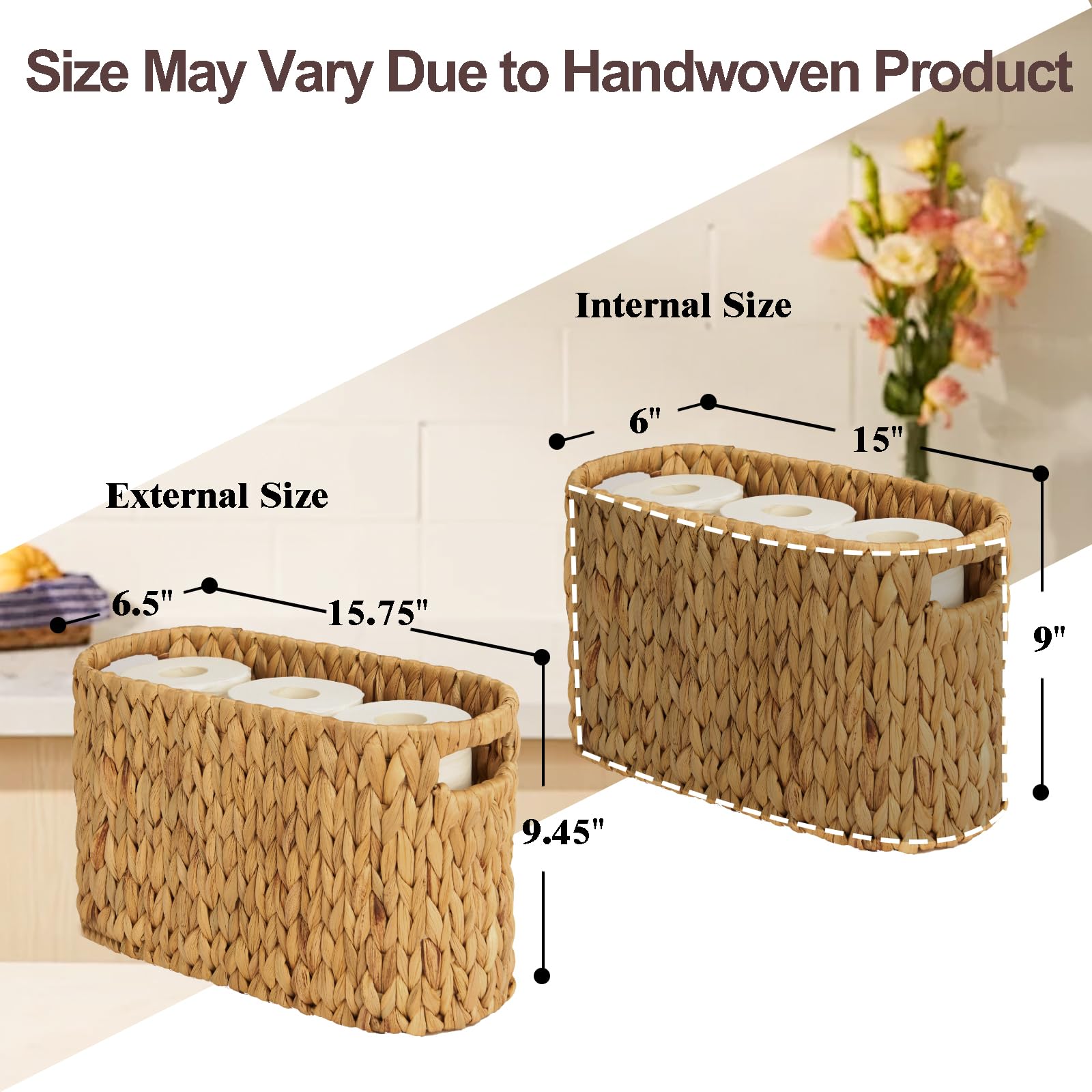 FairyHaus Natural Water Hyacinth Toilet Paper Holder Basket - Handwoven Freestanding Bathroom Storage with Built-in Handles (Holds 6 Rolls) - Perfect for Bathroom Organization & Farmhouse Decor
