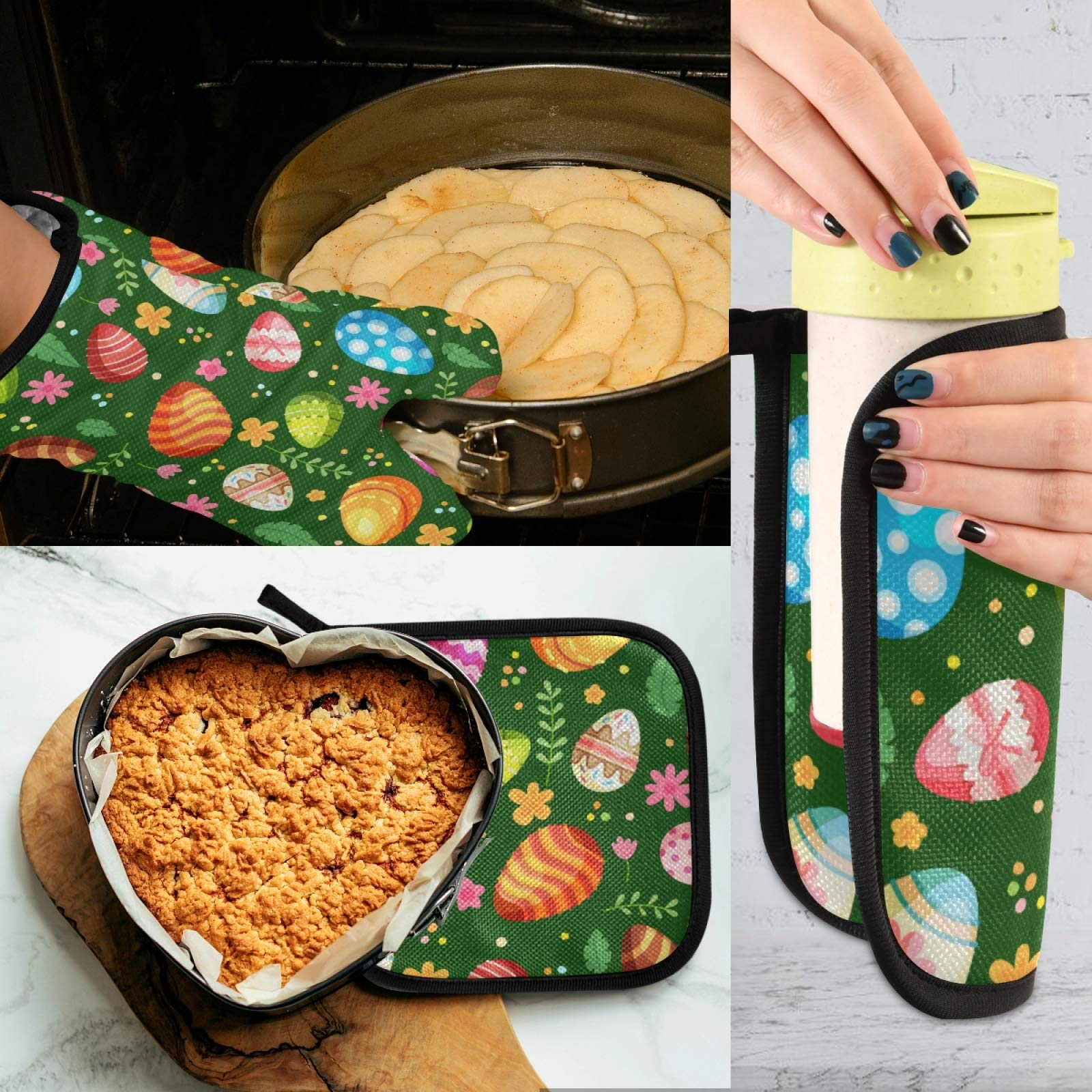 Aflyko Easter Eggs Floret Oven Mitt and Pot Holder Set - Heat Resistant Kitchen Gloves for Baking, Cooking, BBQ - Perfect Gift for Home Chefs & Holiday Kitchen Decor
