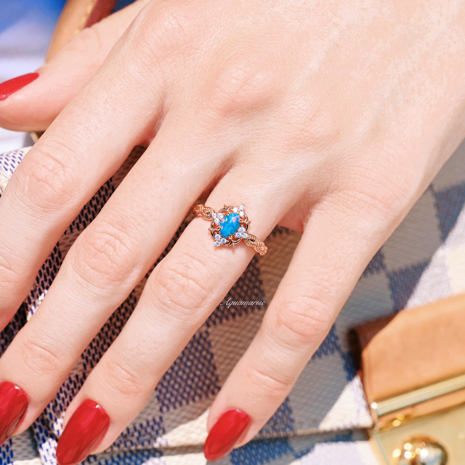 Vintage Blue Fire Opal Ring - 14K Rose Gold Vermeil Jewelry for Women | Elegant Statement Ring for Parties, Weddings & Special Occasions