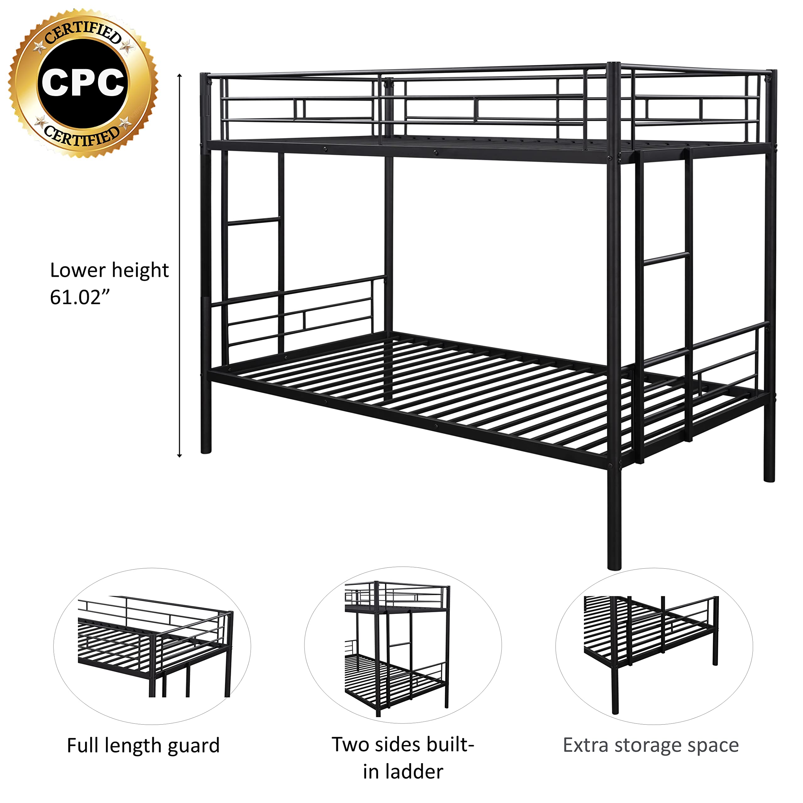 Twin Over Twin Metal Bunk Bed with Ladder & Safety Rail - Convertible to 3 Separate Beds | Space-Saving Kids & Guest Room Solution for Small Apartments & Dormitories