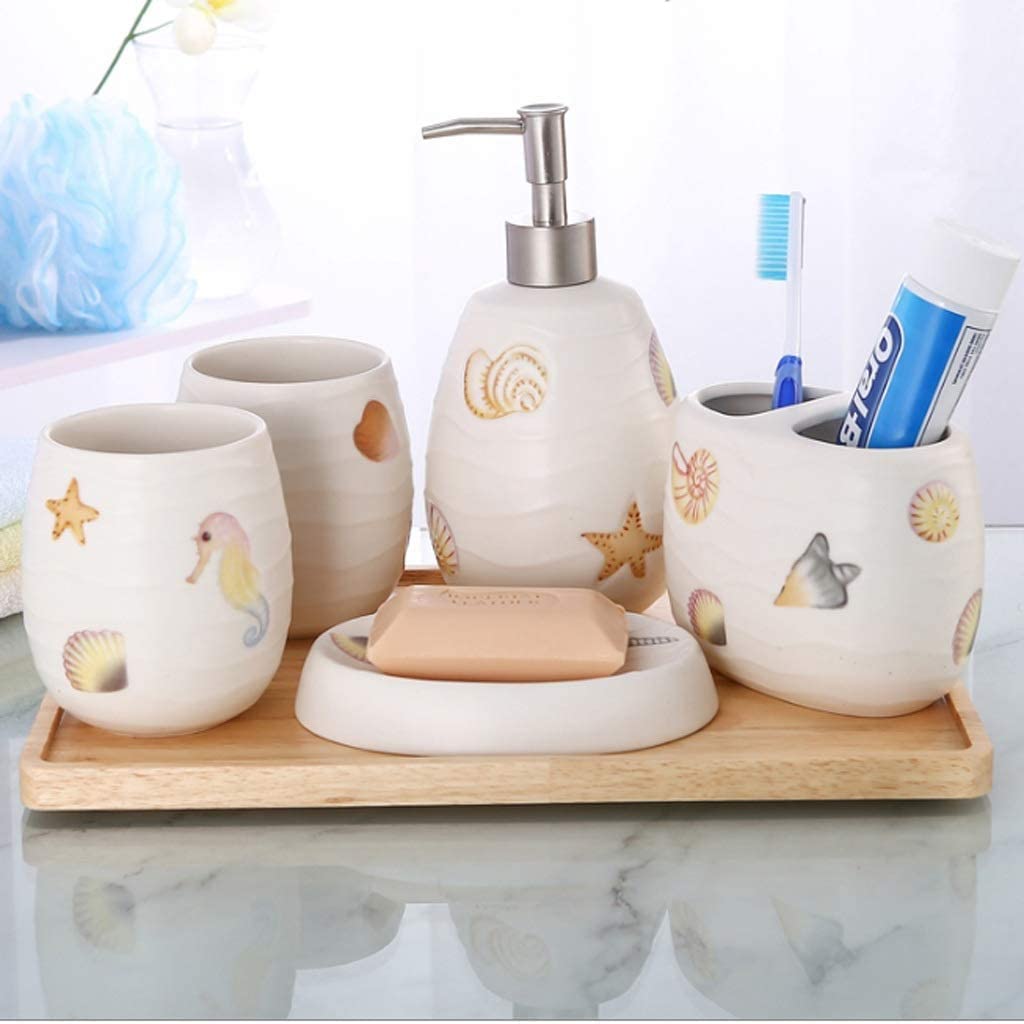5-Piece Marine Series Bathroom Accessories Set - Soap Dispenser, Toothbrush Holder, Soap Dish & Tumbler | Modern Coastal Bath Decor for Guest Bathrooms & Beach House Style